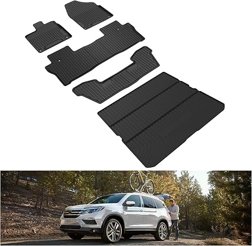 KIWI MASTER Floor Mats & Trunk Mat Set Compatible for 2016-2022 Honda Pilot Accessories All Weather Mat Front & 2nd 3 Row Seat & Cargo TPE Slush