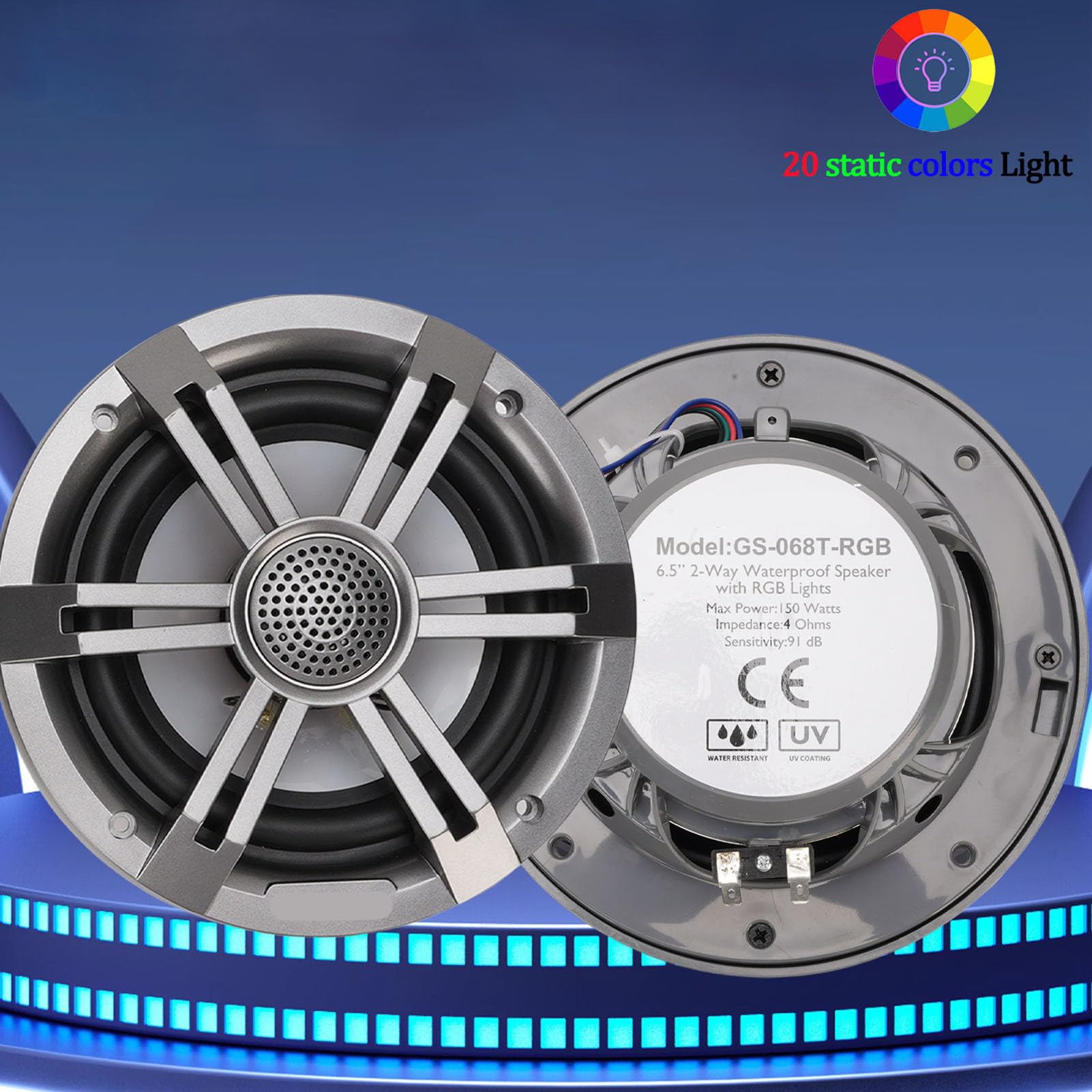 Altoparlante per Barche Marine da 6,5 ​​pollici 150 W, Altoparlante Stereo LED RGB IP66 Ad Alta Potenza, con Illuminazione Multicolore Rimovibile, Ideale per Auto, Moto, Yacht, Barche da