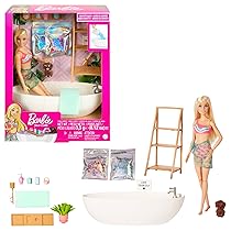 Barbie – Vasca Relax Playset con bambola e cucciolo, con coriandoli di sapone colorati e accessori, Giocattolo per Bambini 3+ Anni, HKT92