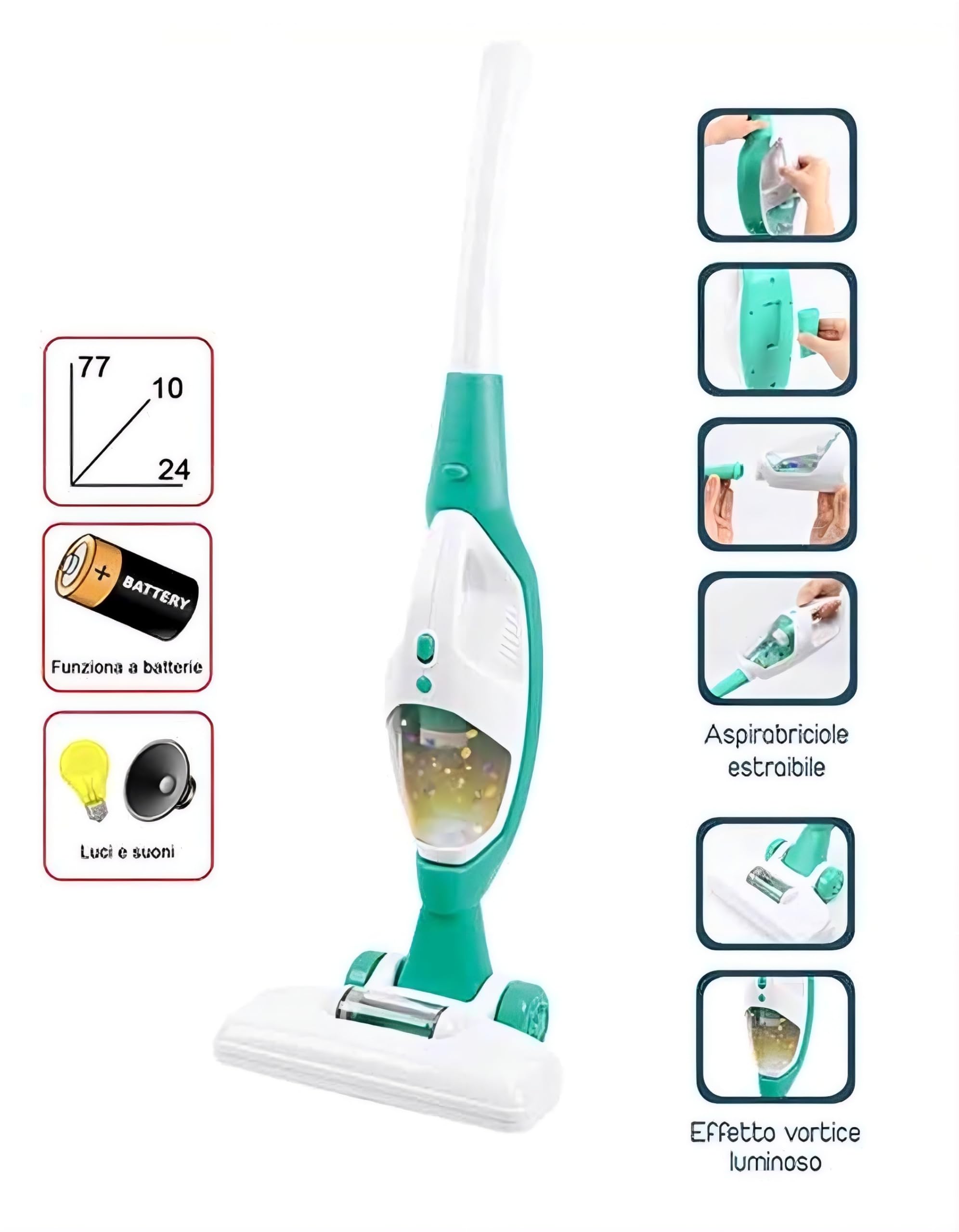 Aspirapolvere Giocattolo Bambini 2 in 1 con Aspirabriciole Estraibile, Effetto Vortice Luminoso, Luci e Suoni, 70 cm, Funziona a Batterie con Ferro da stiro - 3 Anni+ Idea regalo