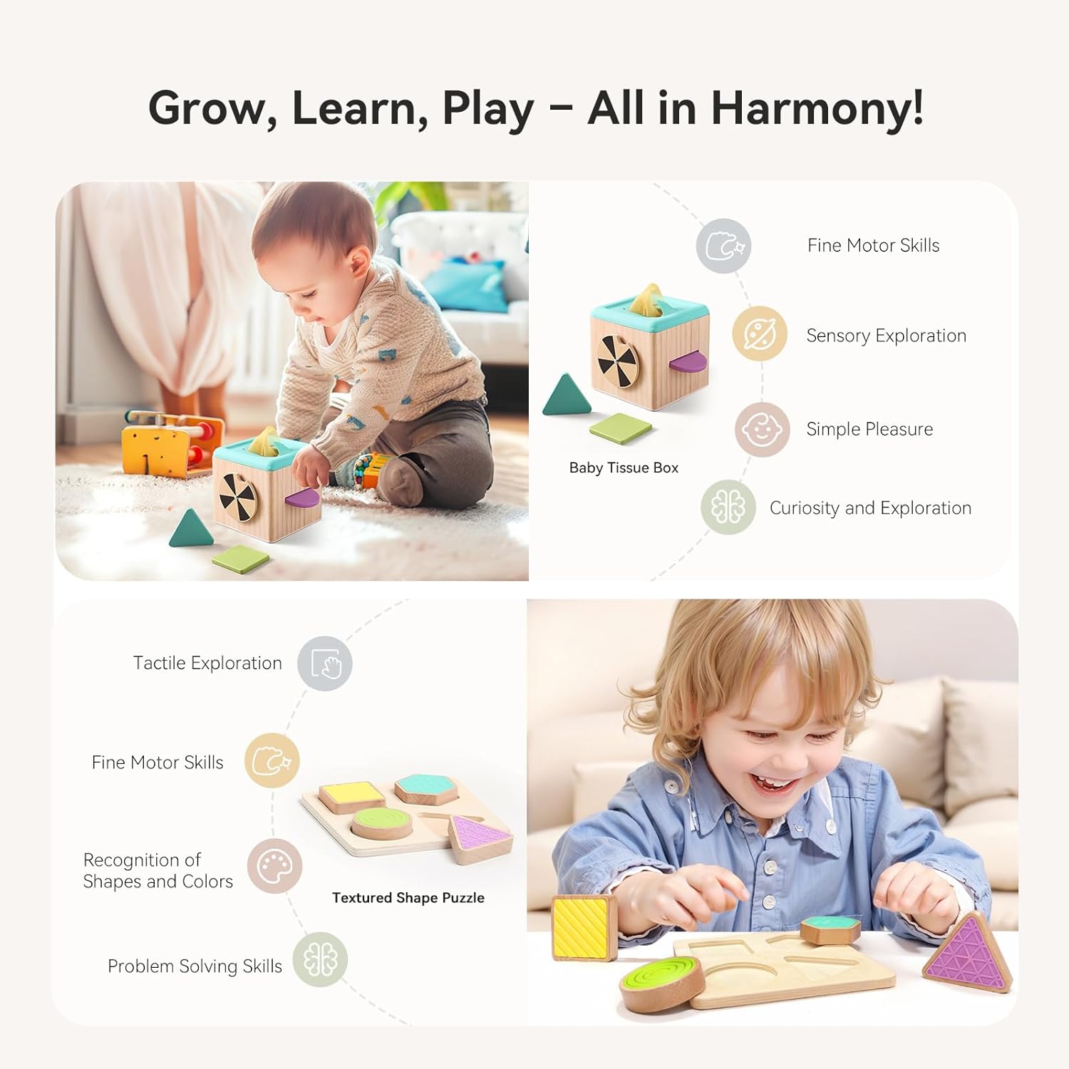 IEATFO Montessori Toys for Babies 9-12 Months, 7-in-1 Wooden Playful Learning Toys with Egg Cup, Castanets, Baby Tissue Box, Textured Shape Puzzle, Cylinder Drop Box and More, Stage-Based Toy