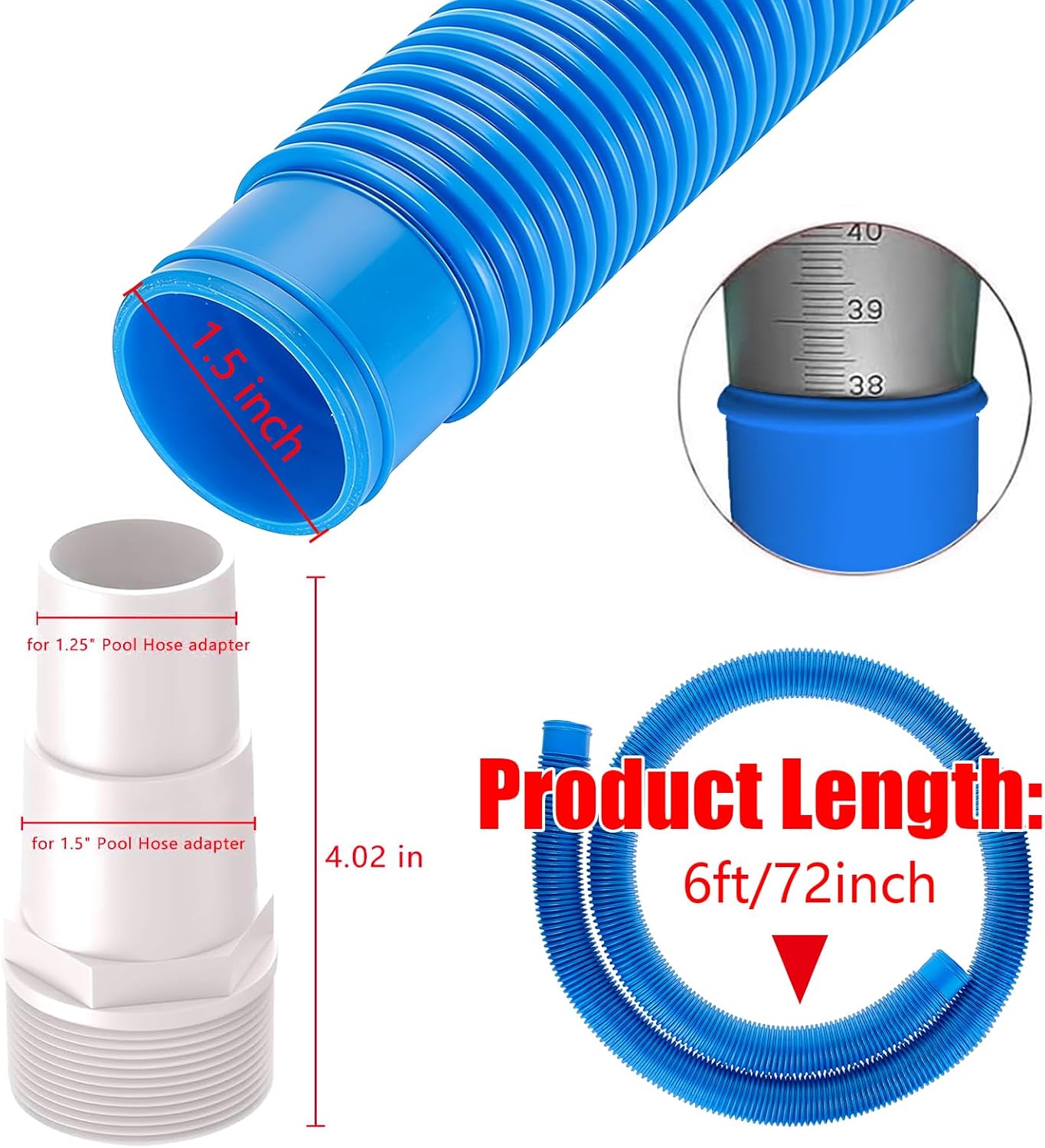 1.5” (38mm) Heavy-Duty Pool Hose Replacement Kit – 6ft Above Ground Pool Hoses with Adapters, Stainless Steel Clamps & PTFE Tape, Compatible with Intex Pool Filter Pumps (2 Pack 6Ft)