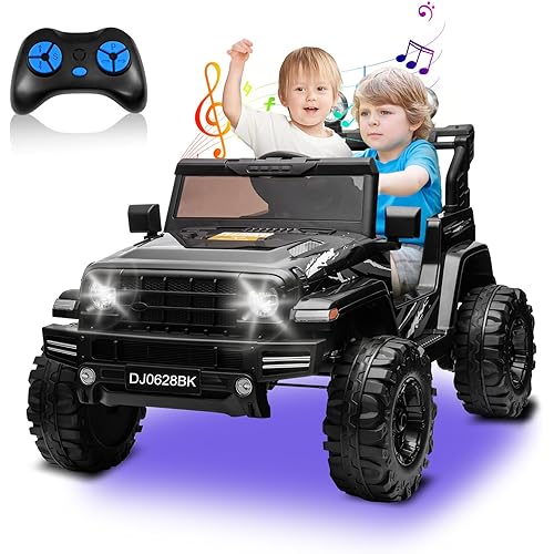24V Kids Electric Ride on Car, 2-Seat Power Wheels with LED Lights and Remote Control, Kids Electric Vehicle for Boys&Girls, Battery Powered Off-Road UTV Truck, w/MP3 Player, USB Ports,Black