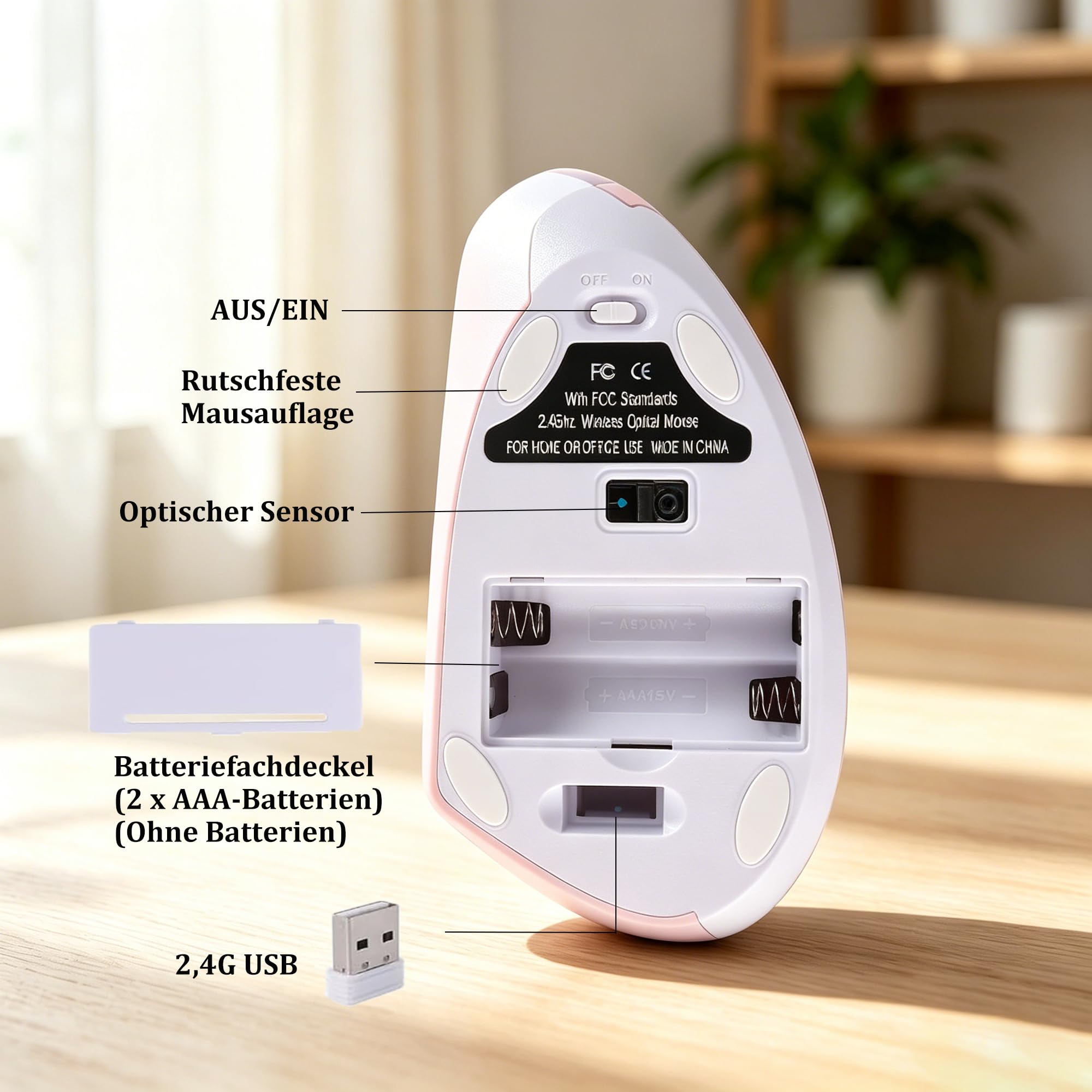 Mouse verticale ergonomico senza fili per mancini, 2,4 G, silenzioso, senza fili, 3 DPI regolabili, 6 pulsanti, per PC, laptop, notebook, computer, allevia il dolore al polso (rosa)