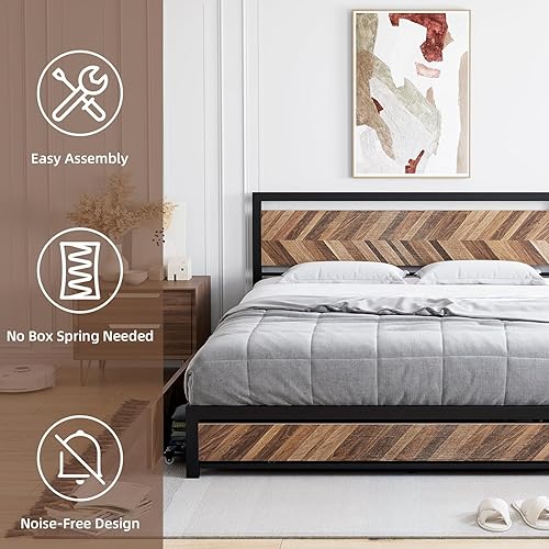 Miniatura 4 de GAOMON Base de cama tamaño Queen con 4 cajones de almacenamiento, plataforma de metal con cabecera de madera rústica vintage, fuerte soporte de