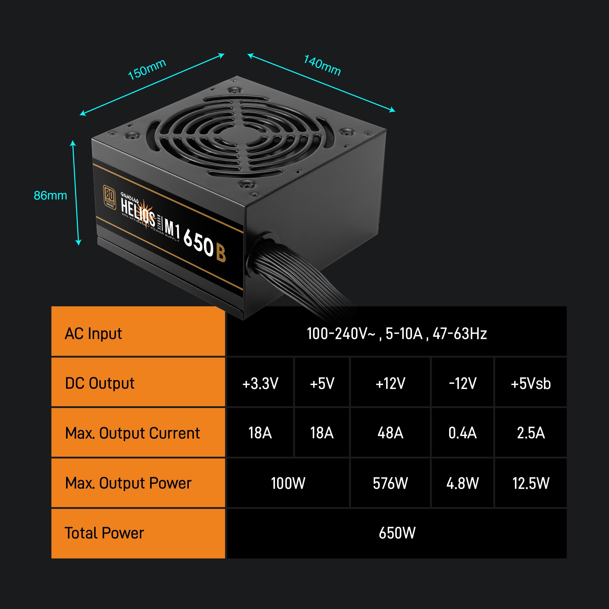 GAMDIAS HELIOS M1-650W (EU) Alimentatore PC Gaming ATX Non Modulare PSU - Certificazione 80 PLUS Bronze - Ventola PWM silenziosa 120 mm - Efficienza dell'85% - Cavo piatto facile da installare - Nero