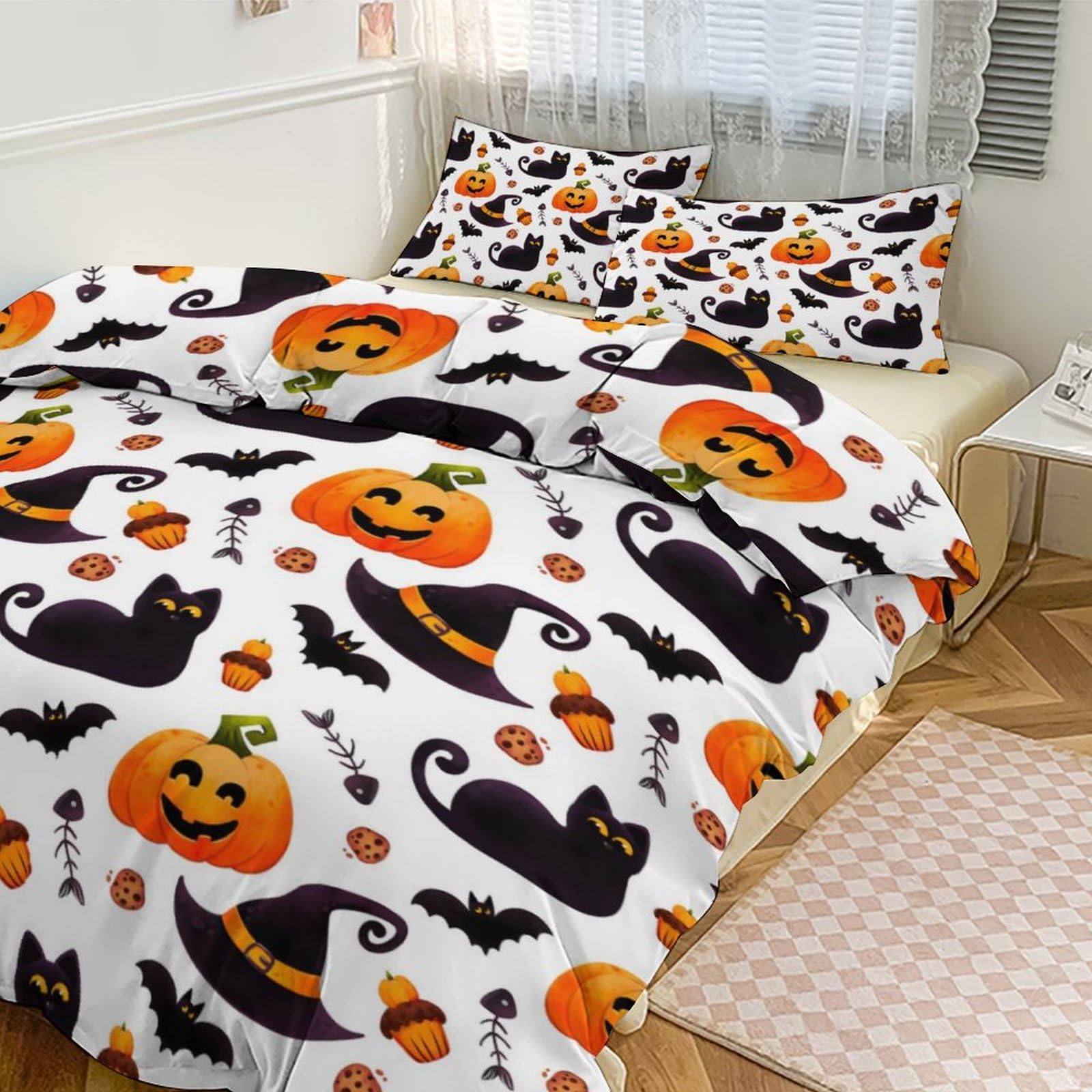 Halloween Pumpkin Ghost Skull Cake Cookie Duvet Cover for Girls Boys Twin Queen Cute Spooky Bedding Set Super Soft Witch Hat Spider Webs Bat Duvet Cover Set Trick Or Treat Comforter Cover Set 3 Pieces