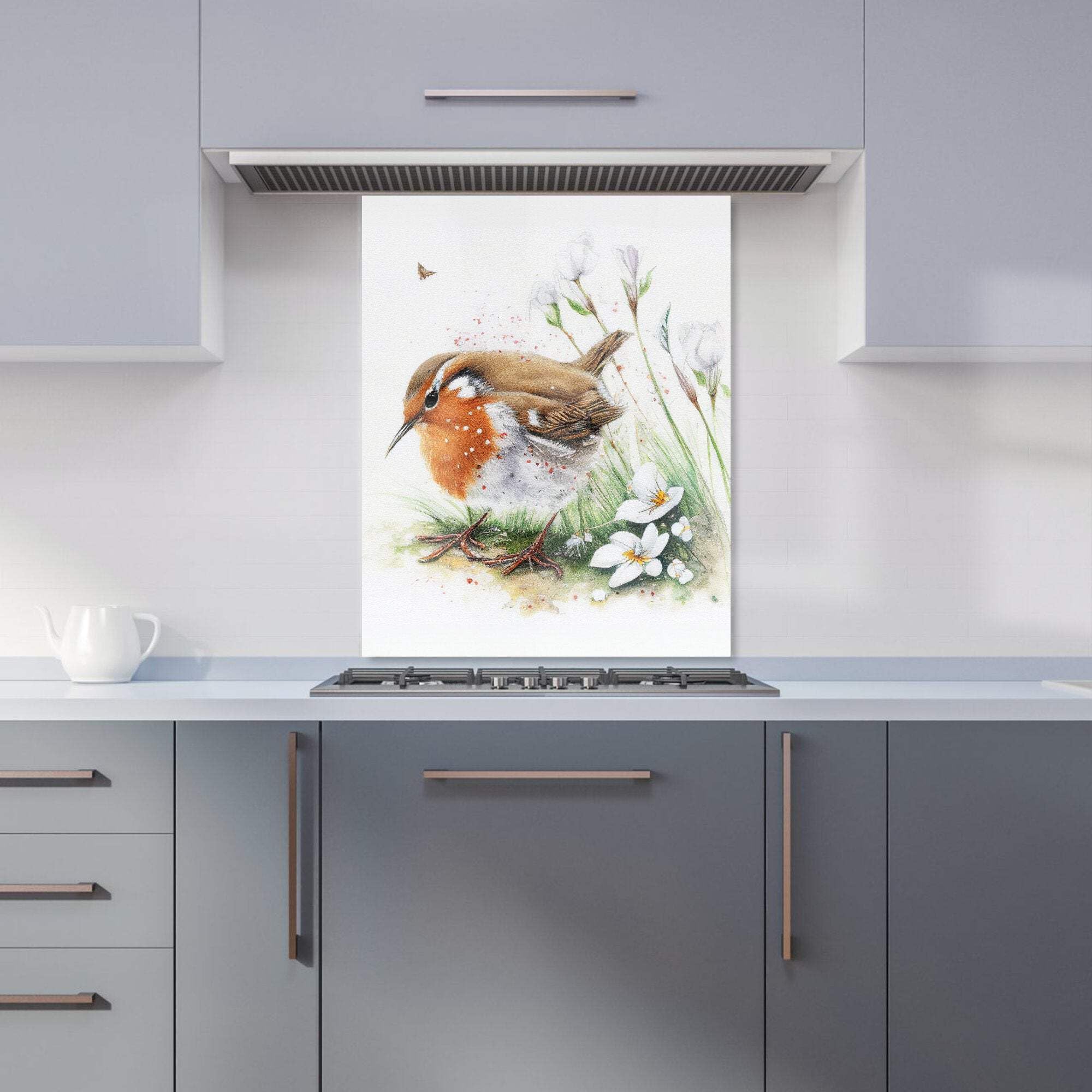 Warren Reed - Watercolour Kitchen Splashback - Robin and Daisies - 600mm x 750mm
