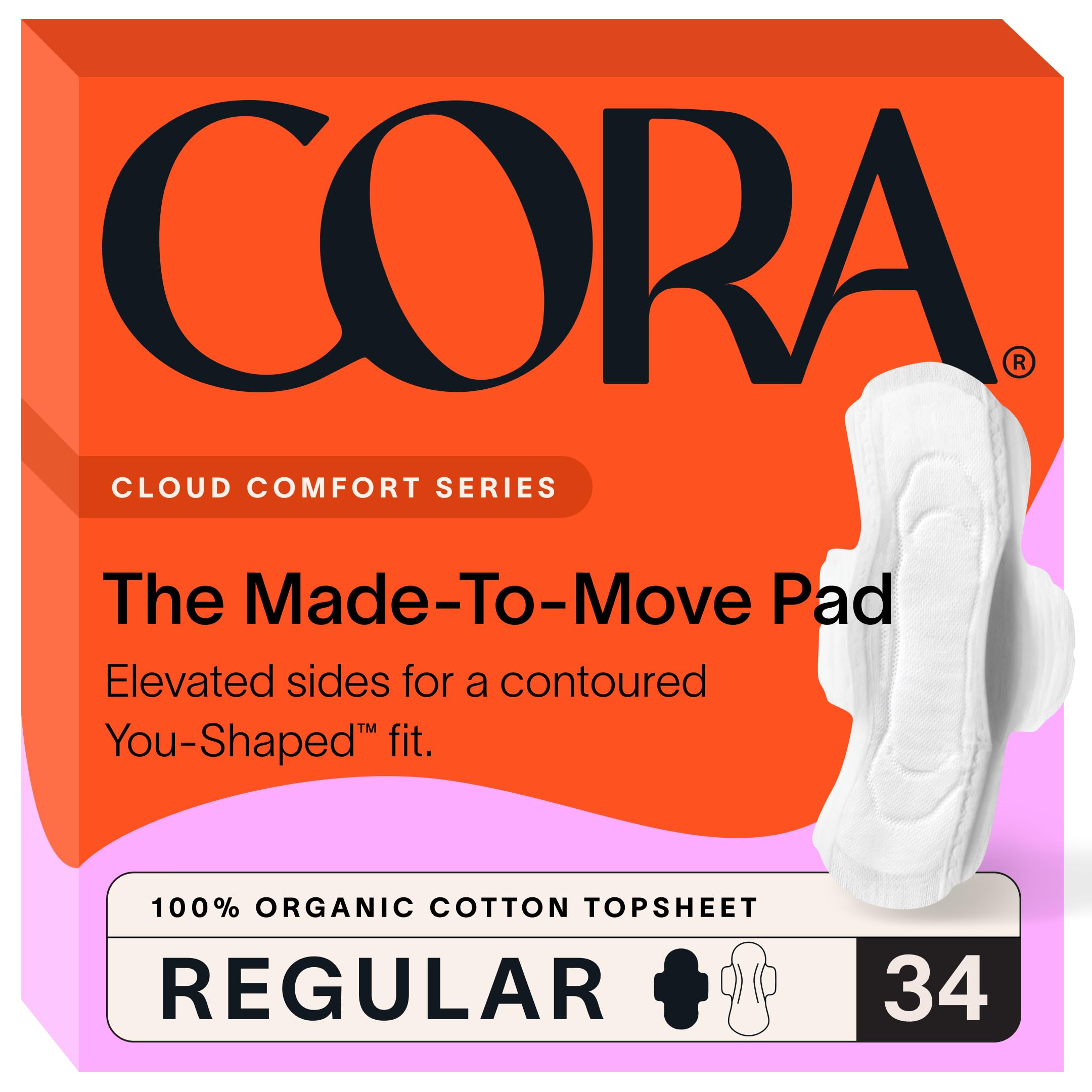 Cora Regular Pads with Wings, Made-to-Move, Organic Cotton Topsheet Ultra Thin Feminine Care Pads for Women, Soft, Comfortable & Breathable Menstrual Pad, Regular Absorbency, Unscented, 34 Count