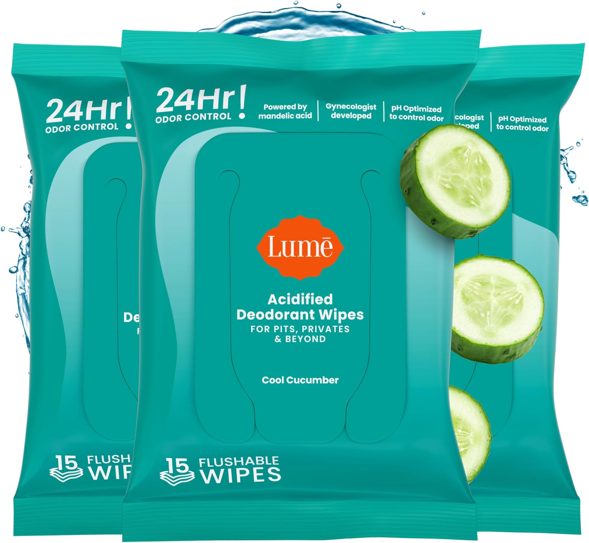 Acidified Deodorant Wipes - 24 Hour Odor Control - Aluminum Free, Baking Soda Free, Skin Loving - 15 Count (Pack of 3) (Cool Cucumber)