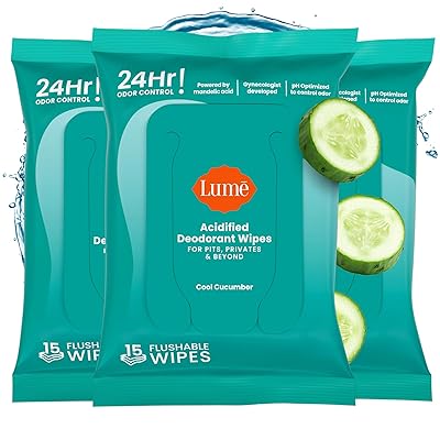 Lume Acidified Deodorant Wipes - 24 Hour Odor Control - Aluminum Free, Baking Soda Free, Skin Loving - 15 Count (Pack of 3) (Cool Cucumber)
