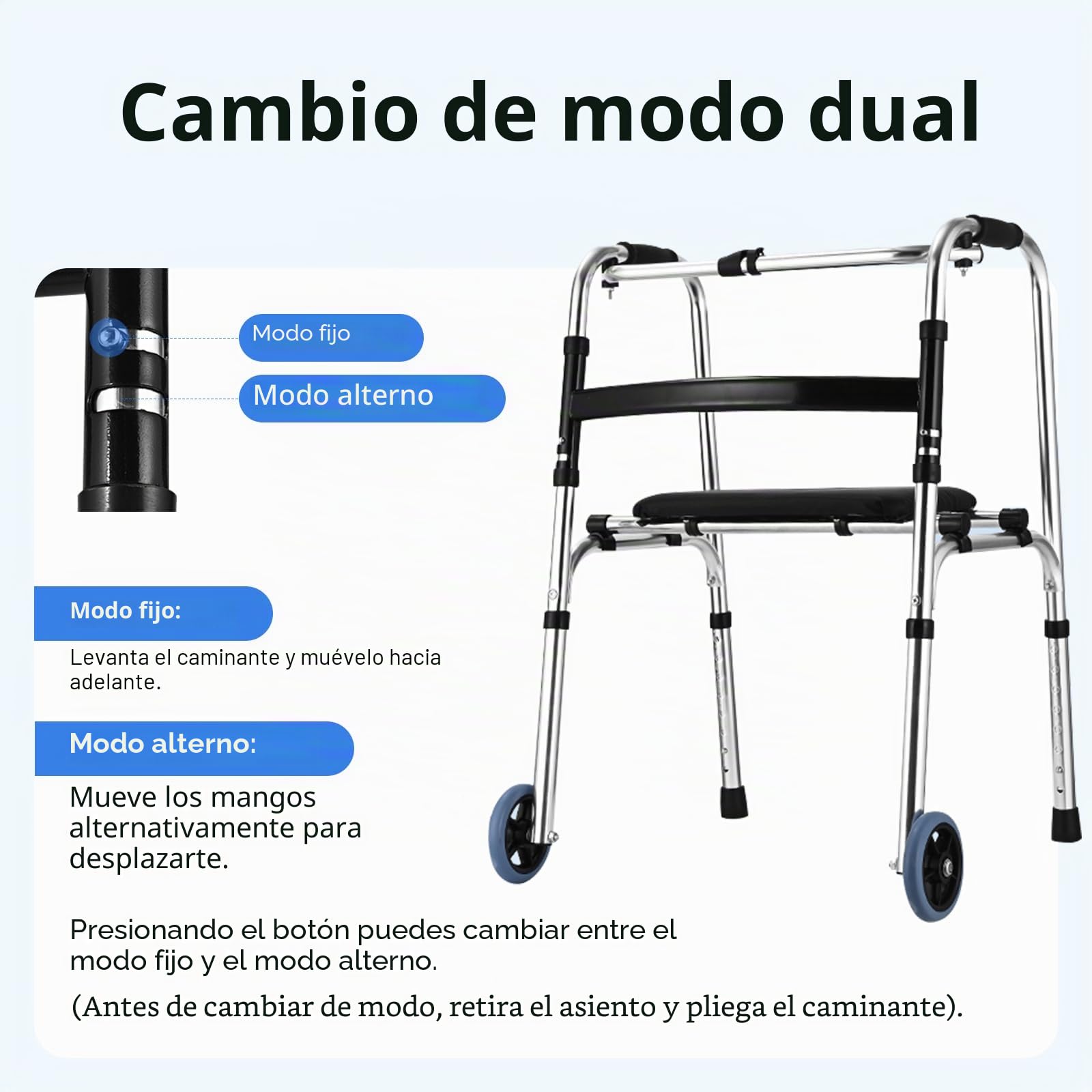 Andador plegable con ruedas, marco de pasamanos, andador plegable ligero para ancianos, altura ajustable de 8 niveles para personas mayores, rueda delantera, hasta 390 libras