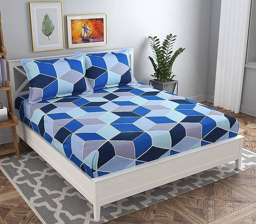 Image of Glace Cotton Double Bed (90 inch x 90') Bedsheet with 2 Pillow Covers - Blue