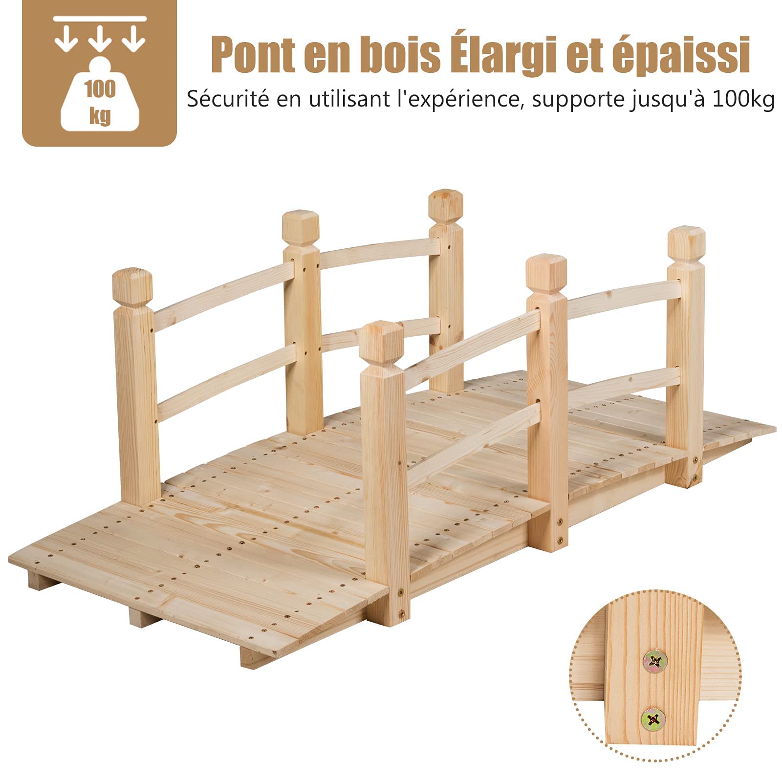 GOPLUS Puente de Madera Rústica y Maciza con Mano Corriente, Decoración de Jardín, Puente de Estanque, Soporta Peso Máximo 100 KG, 150 x 67 x 55 CM, Natural