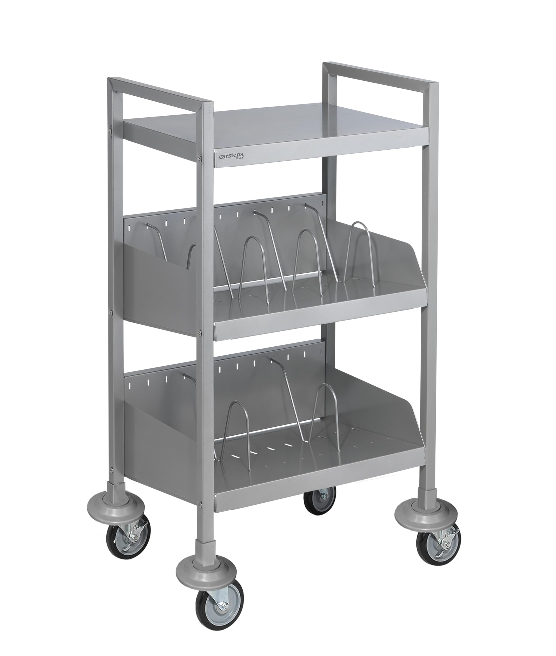 Carstens FlexFit Open Chart Rack for Medial Charts, Ring Binders, Books – L26.25 x W19.75 x H41.75 In. 130 Lb. Load Capacity – Rolling Book Cart with 2 Angle Shelves – Lockable Wheels, Bumpers, Silver