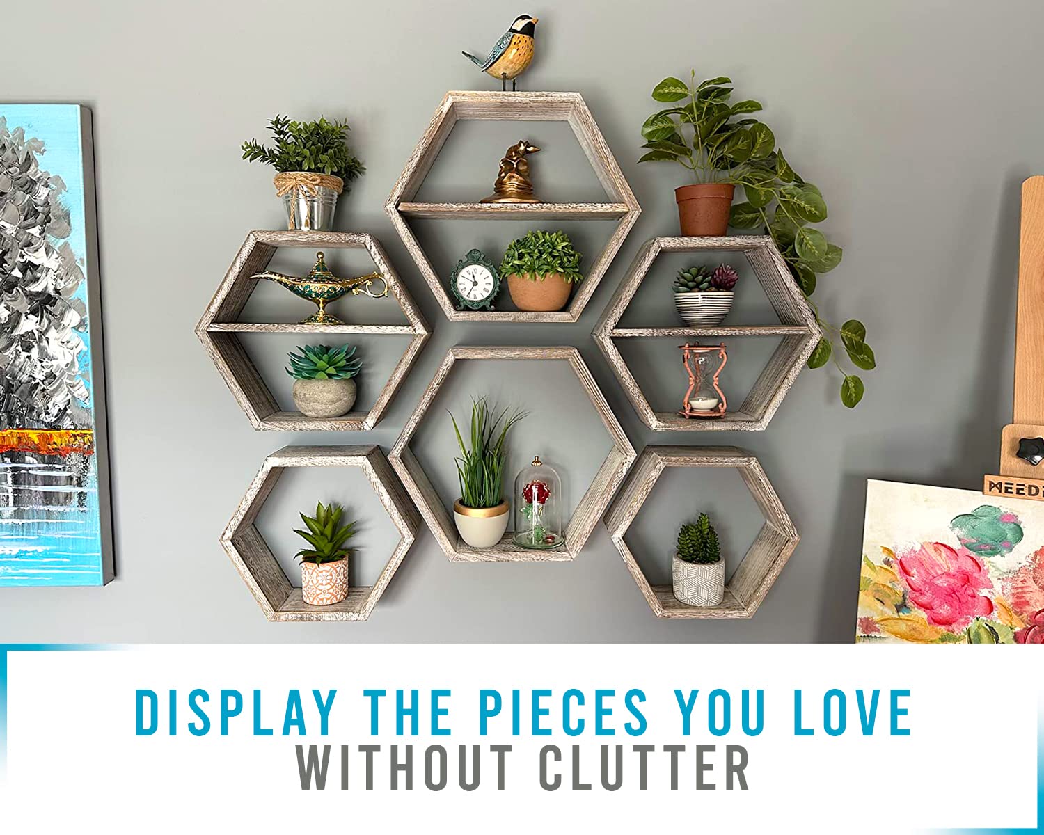 Comfify Rustic Wall Mounted Hexagonal Floating Shelves Set of 3