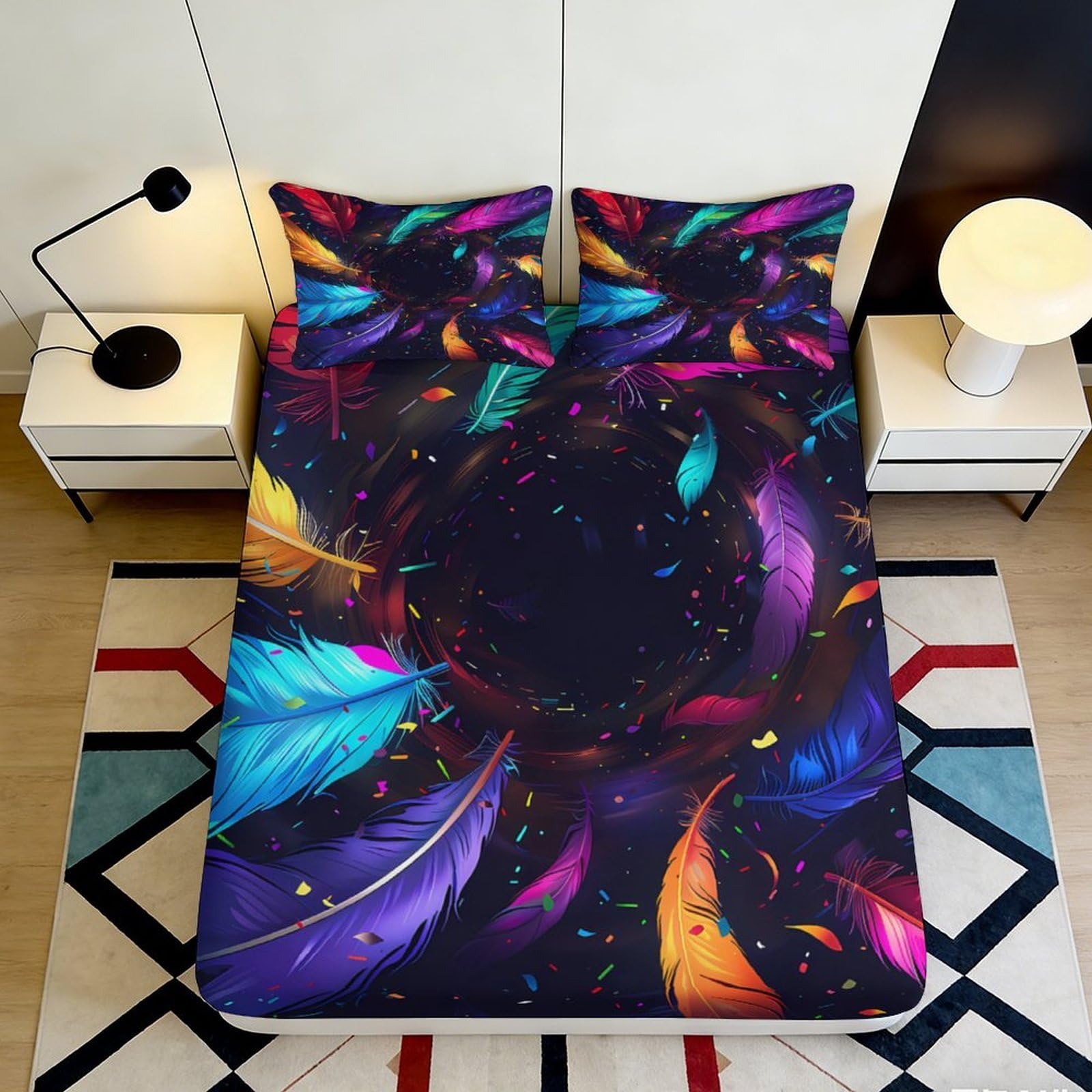Pnayamiorkfel Style-4 3D Printed Colorful Feather Fitted Sheet Microfiber Non-Slip Easy Care Artistic Bed Cover For Bedroom Dorm Decor 90X200x25cm