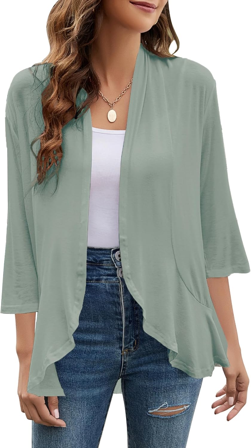 Yekaty Women Cardigan 3/4 Sleeves Open Front Lightweight Cardigan Draped Ruffles Knit Cardigan