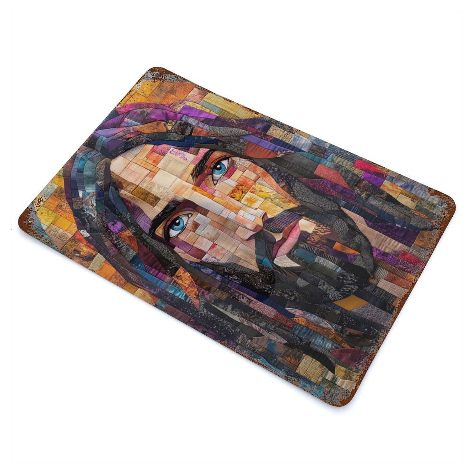 Mosaic Jesus Portrait Vintage Wall Sign 11.8"x7.9", Rust Effect Metal Decor for Bistro, Counter And Cafe Decor