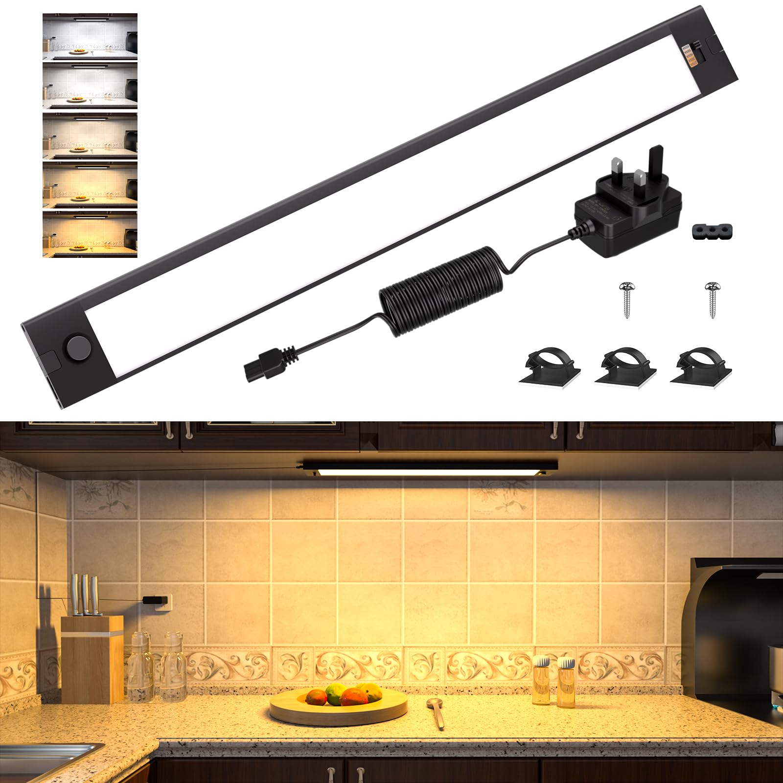 WOBANE 42cm Aluminum Under Cabinet Lights, 5 Color Dimmable, 98 LEDs, 800 Lumen, 12W, Bright LED Counter Lighting for Kitchen, Cupboard, Worktop, Shelf, Desk, 24V Adapter, Black