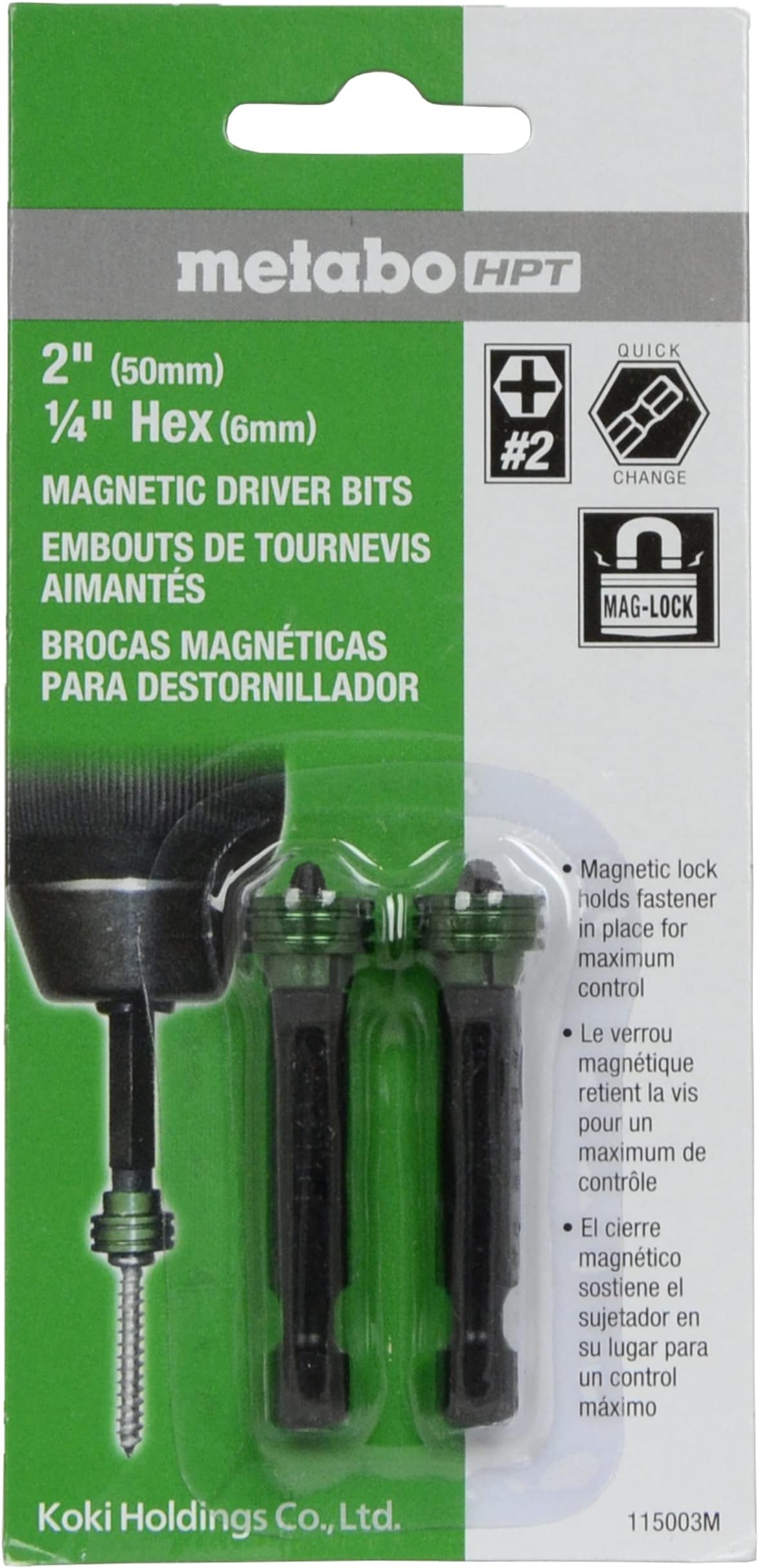 Metabo HPT Magnetic Driver Bits, No. 2, 1/4" Hex, 2-Pack (115003M)