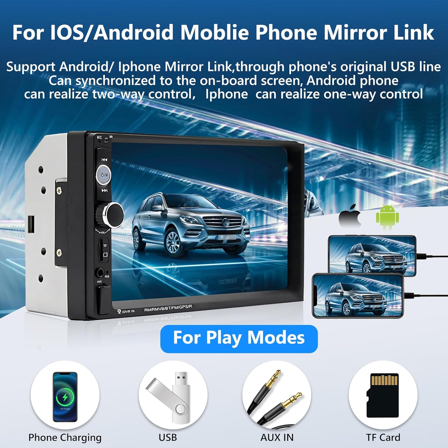 Car stereo displaying a mirrored smartphone screen, with various app icons visible.