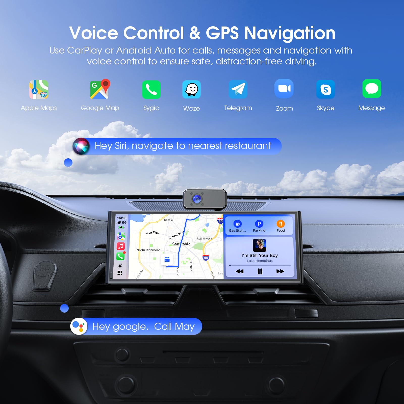 Avylet 10, 26" Carplay Auto con Schermo da 60 FPS, Android Auto con 3 Telecamere (Front Dash Cam, Rear, Internal), CarPlay Portatile con Navigazione OTA/GPS/Mirror Link/Controllo Vocale/Bluetooth/AUX