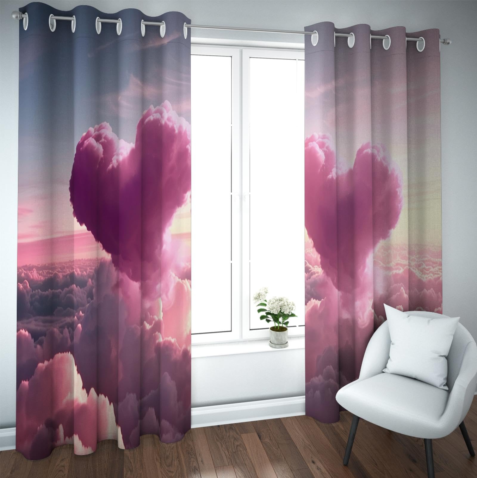 HOBBOY Romantic Love Curtains Fluffy Clouds Window Drapes Pink Heart Shaped Clouds Pattern Blackout Curtains for Bedroom Living Room 2 Panels 2X W38xL63in