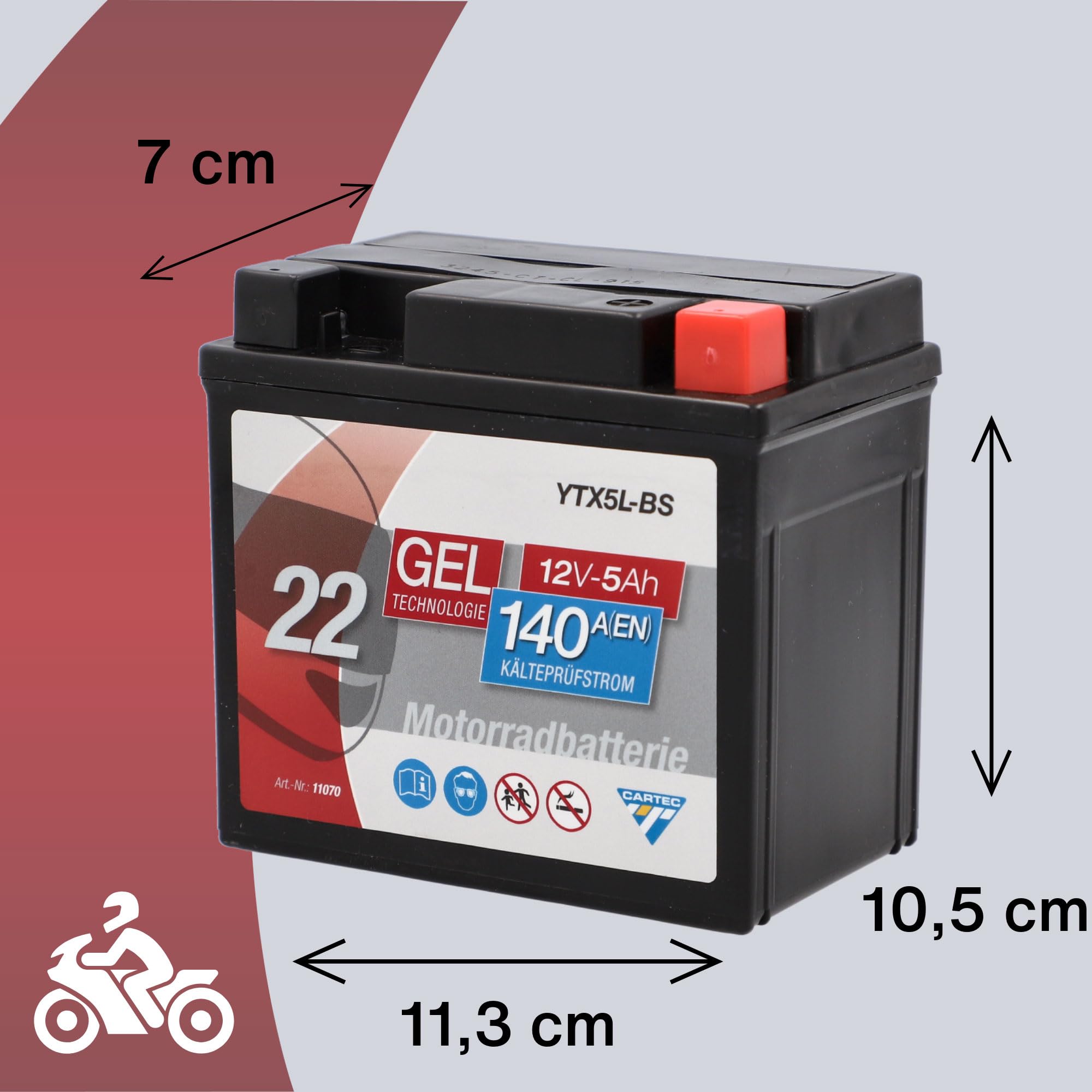 CARTEC Akumulator motocyklowy YTX5L-BS, 5 Ah, 140 A, technologia żelowa, jakość OEM, odporny na cykl, możliwość przechowywania, bezobsługowy, czarny