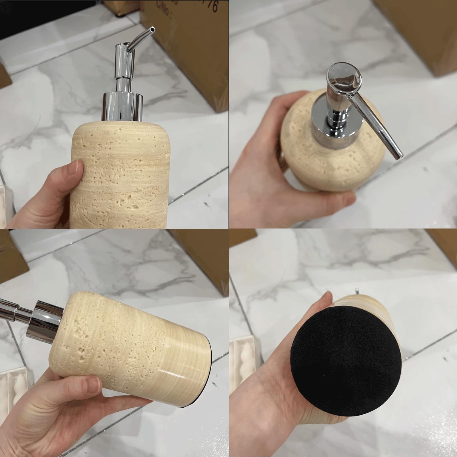 Rustikaler Steinschaum-Seifenspender mit silberfarbener Pumpe, nachfüllbar, handschäumende Seifenpumpe für Bad und Küche, Arbeitsplatte, stilvolle Shampoo-Flasche für Heimdekoration