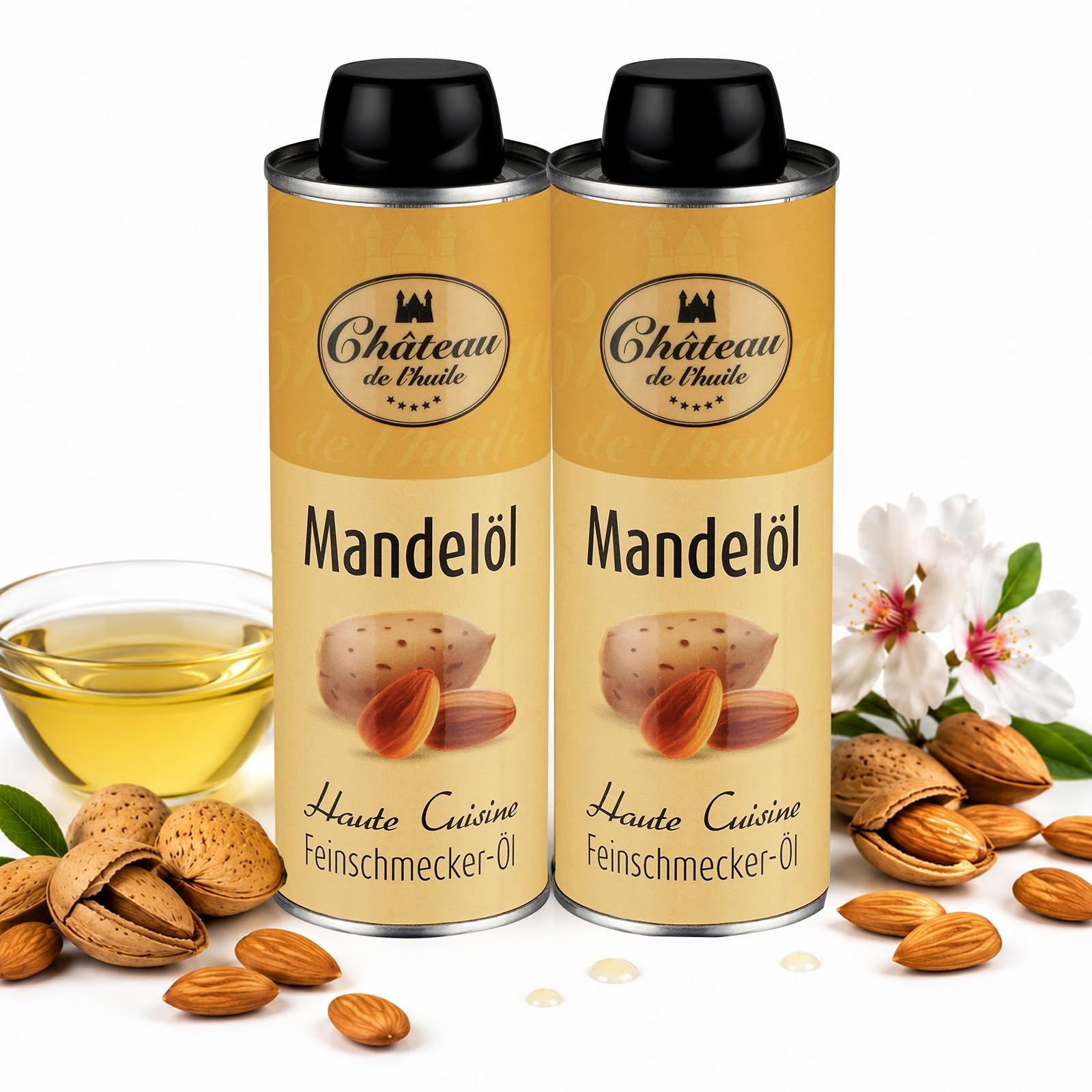 Château de l’huile Geröstetes Mandelöl – 250ml, 2er Pack | In UV-lichtgeschützter Dose für optimale Frische - Kaltgepresst aus Süßmandeln, reich an gesunden Fettsäuren und Vitamin E