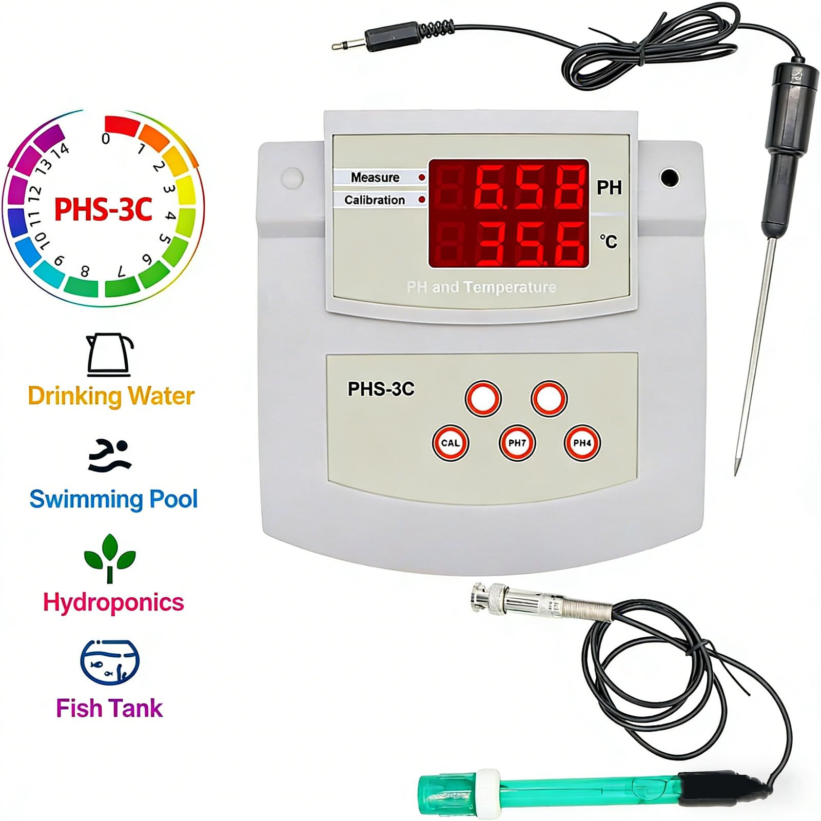 Analizator temperatury PH, cyfrowy tester z podwójnymi elektrodami, automatyczna kalibracja do dokładnego pomiaru jakości wody w akwariach, basenach i laboratoriach