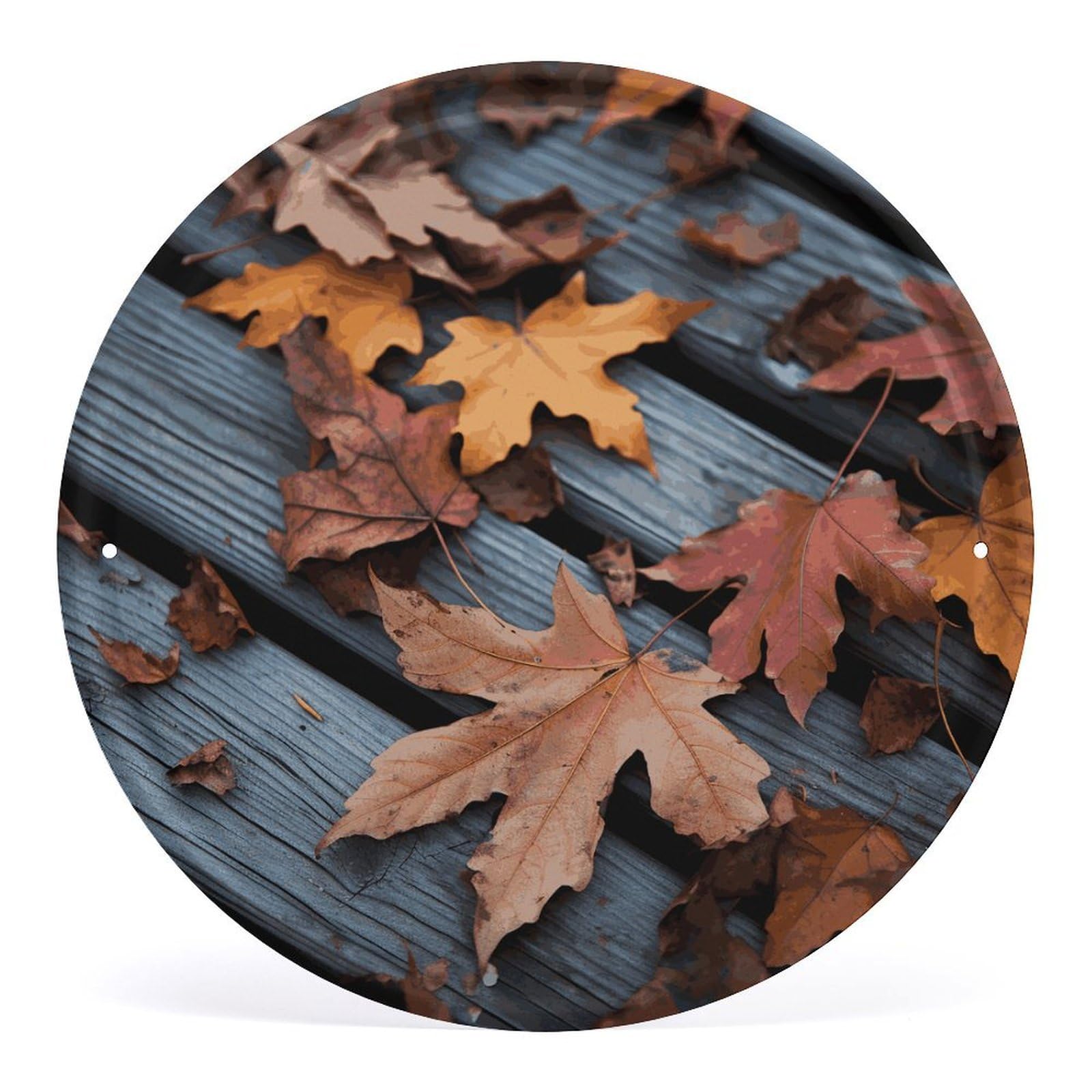 Fodpand Style Fall Leaves Wood Round Wall Art Hanging Decorations, Wall Decor Modern Minimalist Artwork, Tin Sign Hanging Picture For Living Room, Bedroom, Office, Hallway, 11.8X11.8 Inch