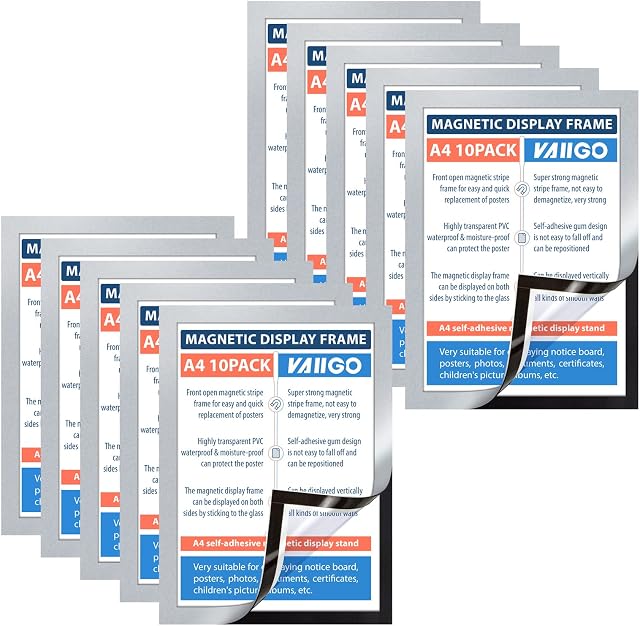 VAIIGO A4 Self Adhesive Magnetic Display Frame, Magnetic Paper Holder for License, Photos, Documents (10Pack, Silver)