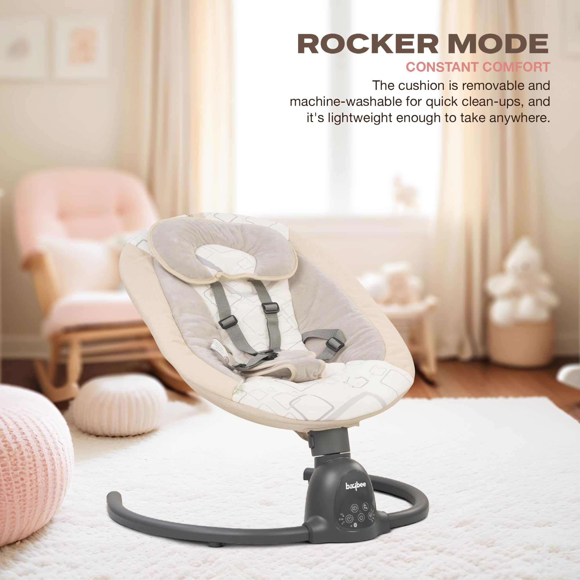 BAYBEE Plastic Automatic Electric Swing Cradle for New Born Baby with Adjustable Swing Speed, Remote | Infant Rocker, with Mosquito Net, Safety Belt, Music, & Toys | Swing for Baby (Beige) - Image 5 thumbnail