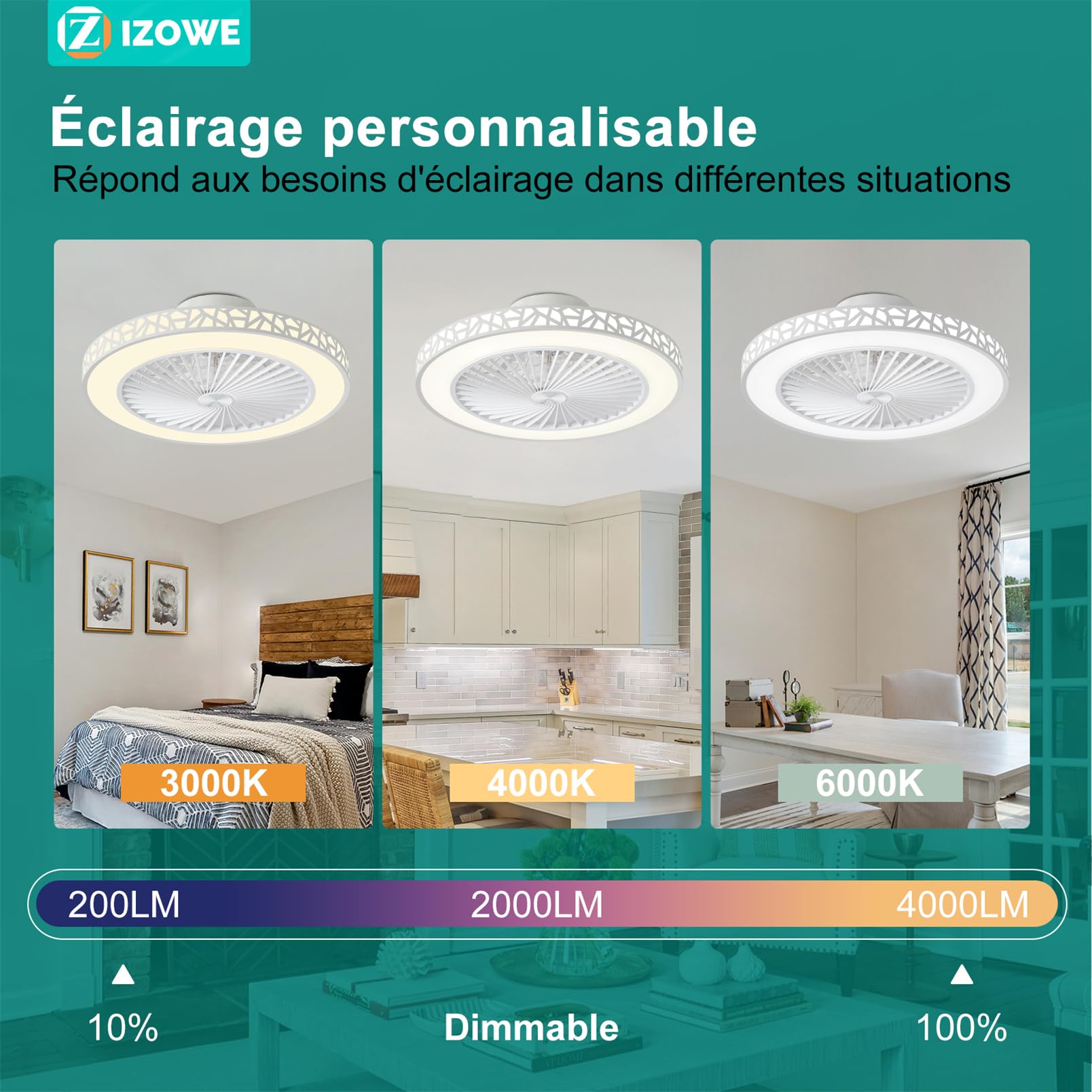 Ventilateur Plafond Moderne 48cm, Plafonnier Ventilateur avec Lumière LED Dimmable 3 Couleur 40W, 6 Vitesses Réversible Ventilateur de Plafond avec Télécommande Intelligent Timer, Chambre Salon