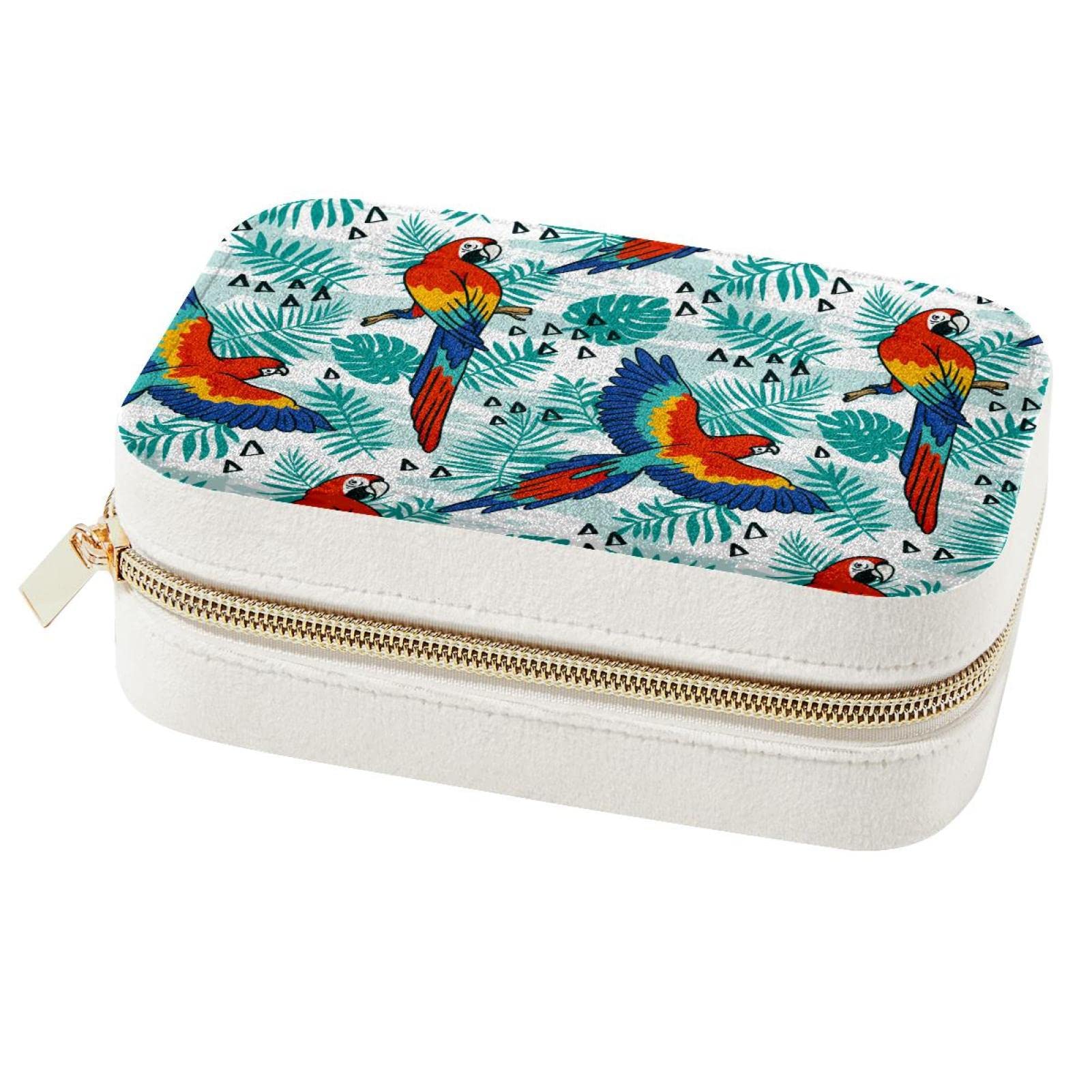 Boîte à bijoux portable perroquet et feuilles tropicales voyage