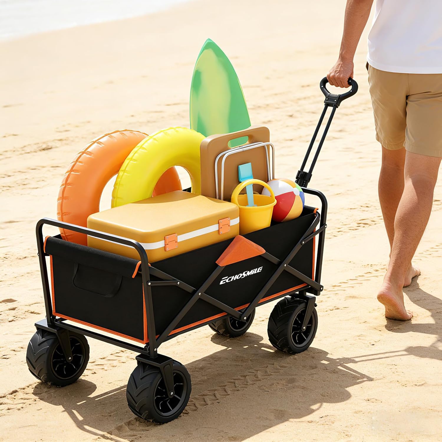 EchoSmile Heavy Duty 350 Lbs Capacity Collapsible Wagon, Outdoor Folding Camping Grocery Portable Utility Cart, Adjustable Rolling Carts, All Terrain Beach Wagon with Big Wheels (Black&Orange-Arrow)