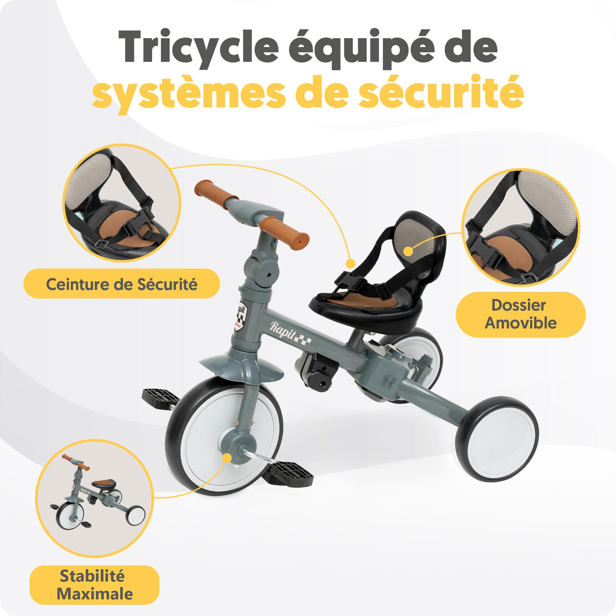 Interbaby Tricycle Bébé Évolutif 5 en 1 | Draisienne & Vélo 1-5 Ans (Gris) | Poignée Parentale Réglable, Ceinture de Sécurité EN71 | Transformable sans Outils | Léger 5,2 kg