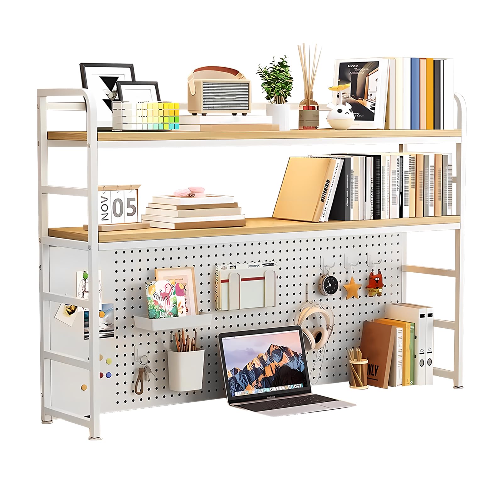 FPIGSHS Desktop Bookshelf with pegboard storage, Home Office CounteGrid Panel and Anti-tip Device, 3-Tier Desktop Display Rack for Computer Monitor Up to 32” (white, 70cm)