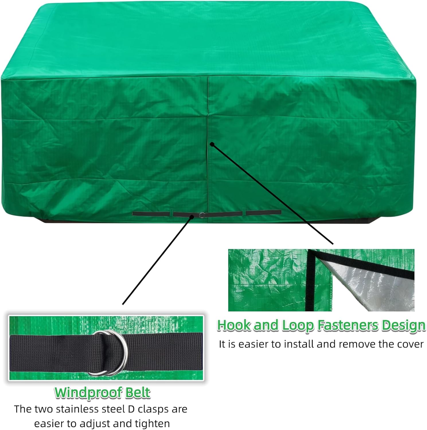 Outdoor Waterproof Hot Tub Cover, 83" x 83" x 35" Square Spa Cover Replacement with Wind Strap & Hook and Loop Closure Windproof Weatherproof Anti-UV Protector 170G PE Protective Cover Cap