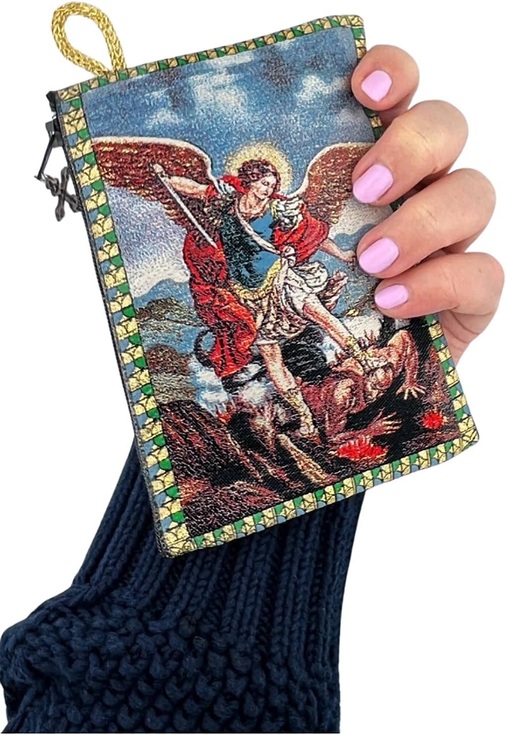 Saint St Michael with Our Lady of Guadalupe Cloth Tapestry Pouch 5 3/8 Inch image 3