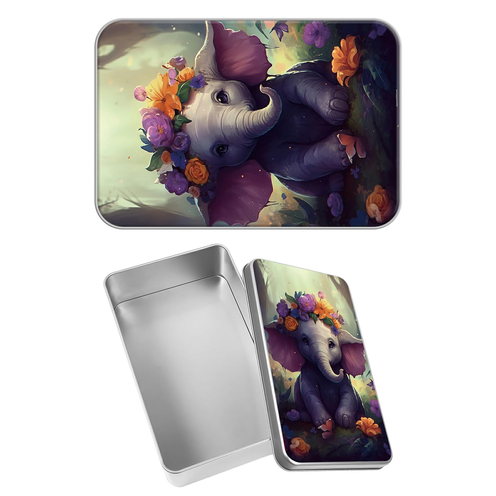 Rectangular Metal Tin Box with Removable Lid, Little Elephant Decorative Printed Metal Storage Container for Jewelry Pen Eraser Pill Candy Craft 4.9 x 3.54 x 1.57 inch– Single Pack