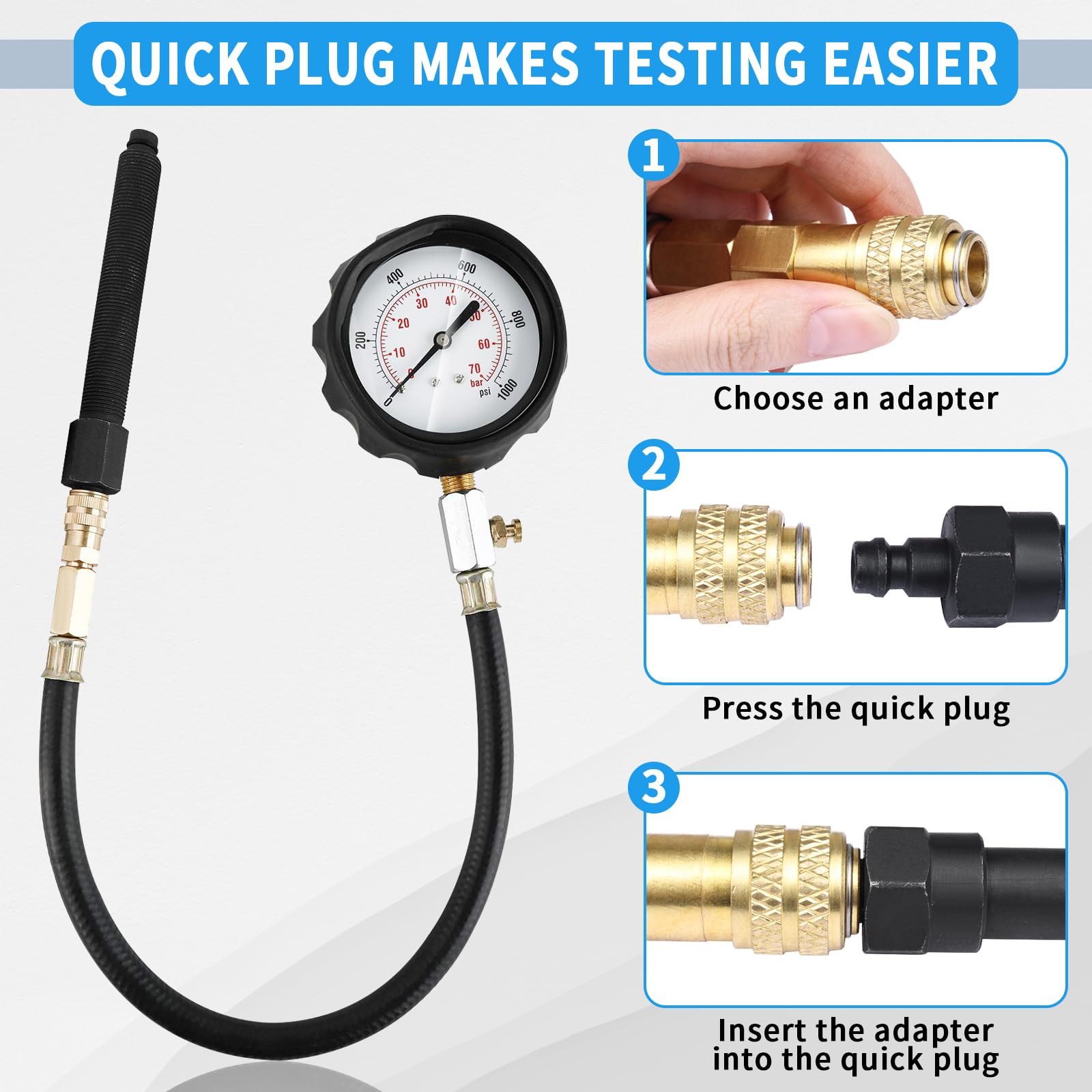 FreeTec Tester di compressione diesel, 1000 PSI 70 bar, misuratore di compressione diesel motore, tester diesel TDI CDI cilindro per auto, camion, trattore