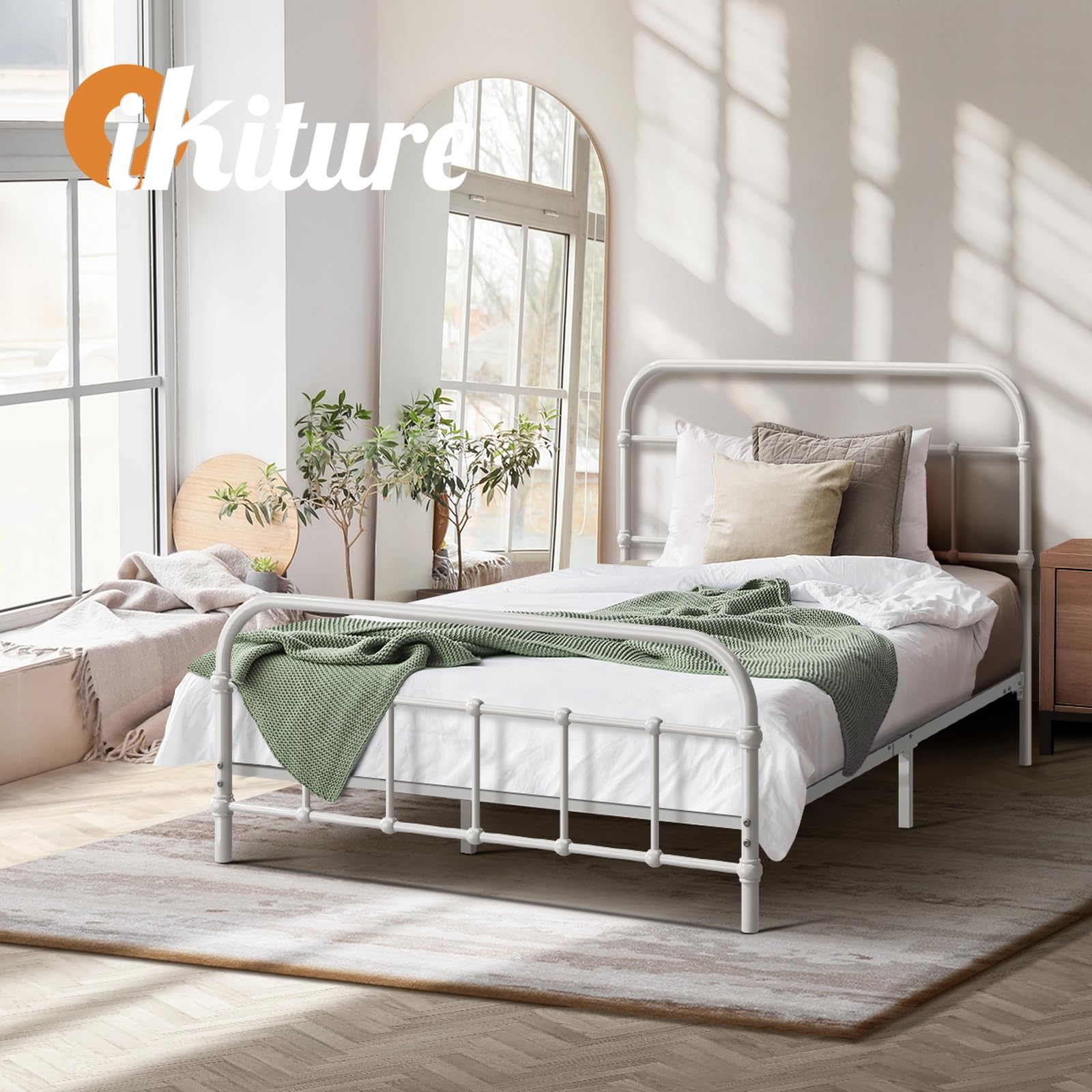 Oikiture King Single Bed Frame with Footrest Heavy Duty Metal Bed