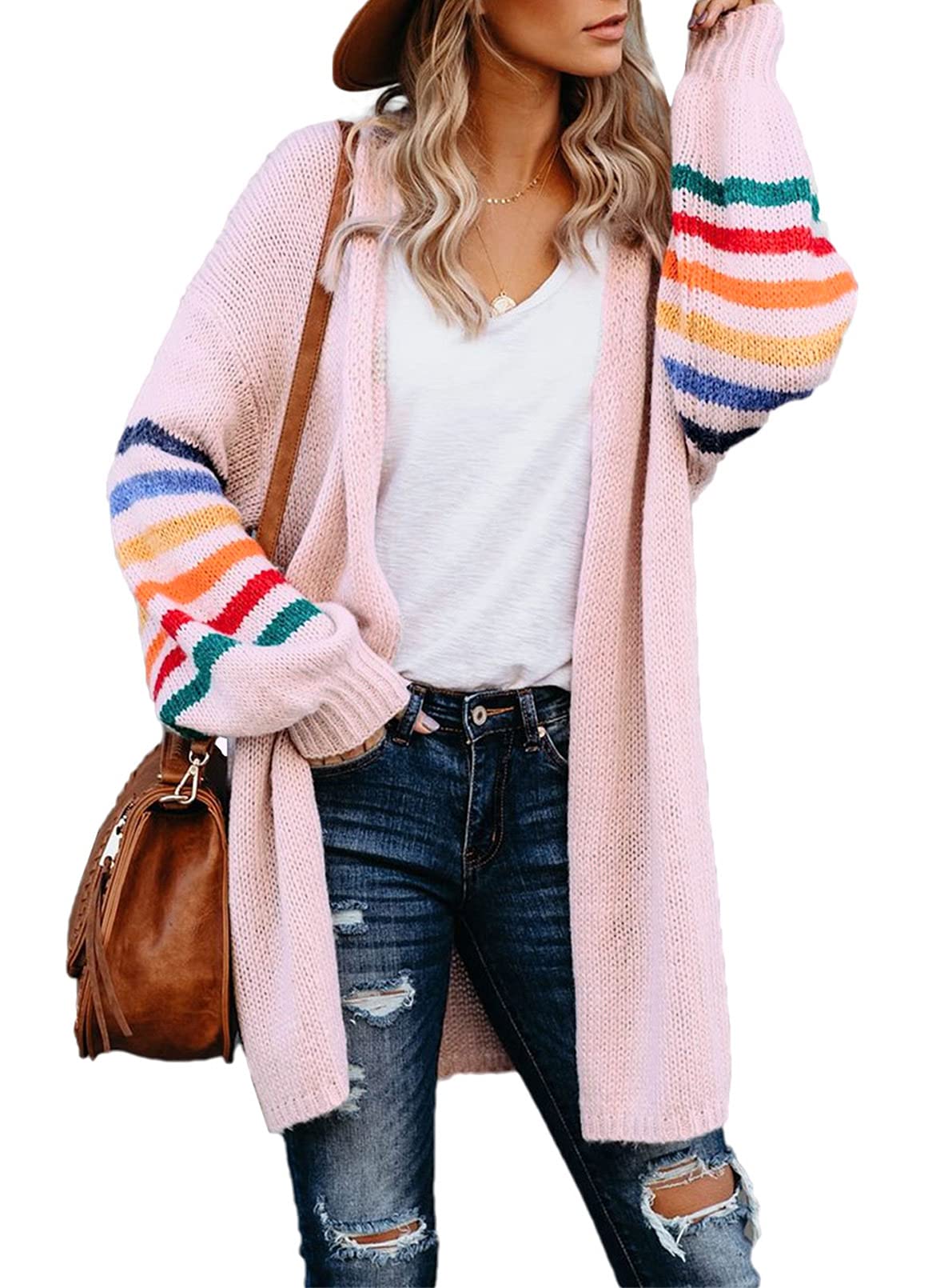 AlvaQWomen's Cardigans Long Sleeve Open Front Rainbow Striped Color Block Loose Casual Womens Oversized Cardigan Ladies Long Lightweight Knit Outwear Coat Jacket Sweaters Pink L UK 14 16