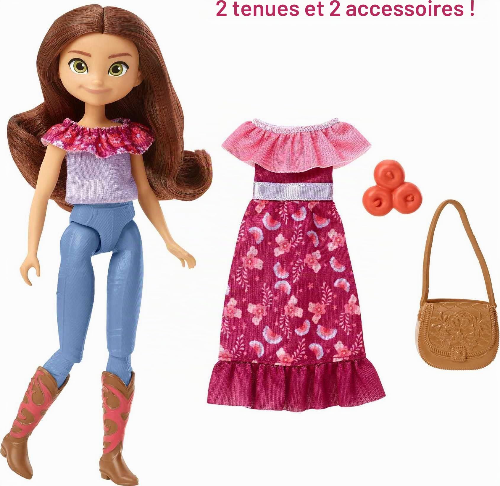 Spirit L'indomptable, poupée articulée Lucky avec 2 tenues et accessoires pour rejouer les scènes du film, jouet pour enfant, GXF17
