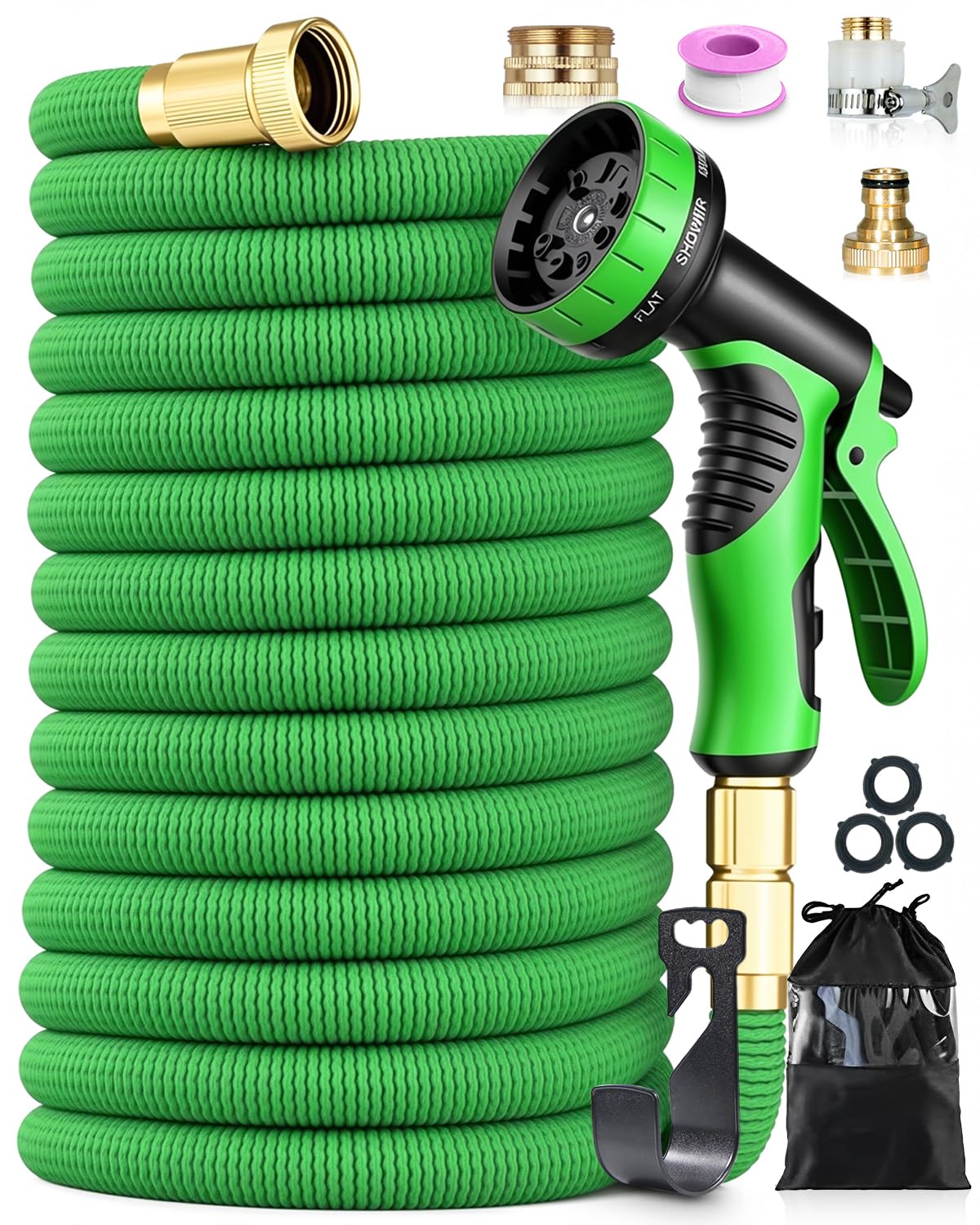 150FT Expandable Garden Hose Pipe, Flexible Kink-Free Water Hose with 10-Function Spray Nozzle, Leak-Proof 4-Layer Latex Core, 3750D Durable Fabric, 1/2" & 3/4" Metal Connectors, for Car Wash, Green