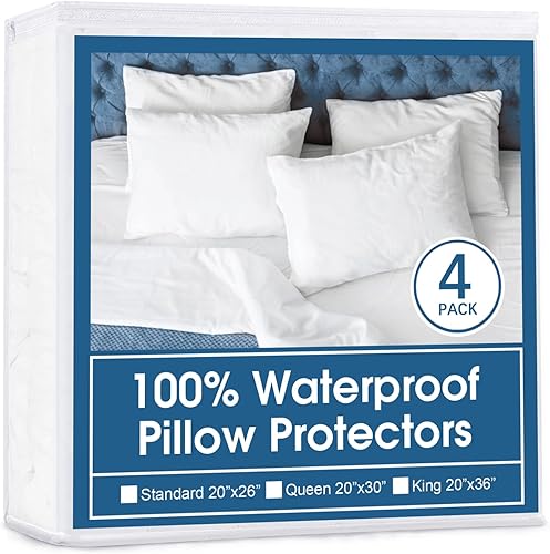 Paquete de 4 protectores de almohada con cremallera, transpirables y silenciosos, 100% impermeables, tamaño estándar, 20 x 26 pulgadas, fundas de