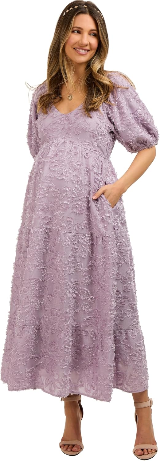 PinkBlush Fringe Textured Short Puff Sleeve Maternity Midi Dress